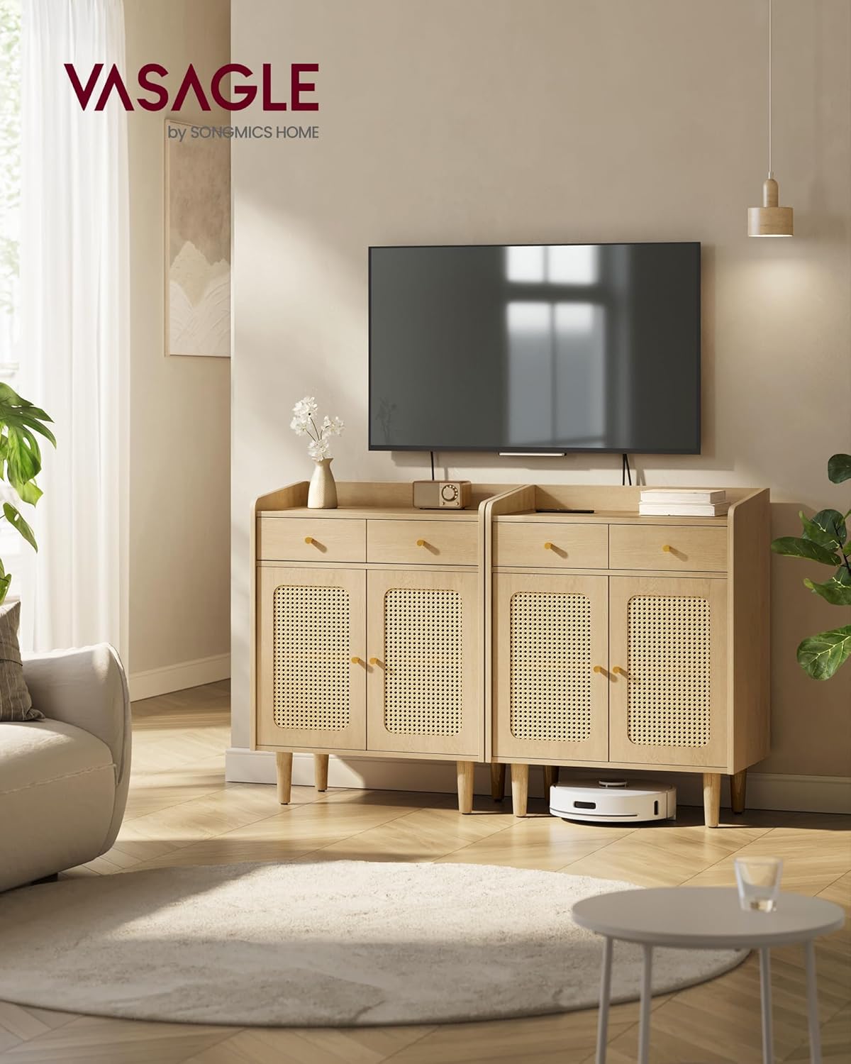VASAGLE BOHOVEN Collection - Buffet Cabinet, Sideboard Storage Cabinet with Rattan-Like Doors and Drawers, Accent Cabinet, Adjustable Shelf, Boho Style, for Living Room, Oak Beige