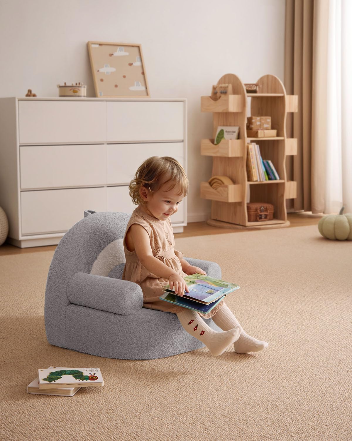 Blissful Diary Toddler Chair Comfy, Foam Kids Chair with Soft Teddy Plush, Toddler Reading Armchair for 1 2 3+ Year Old Girls Boys Baby Birthday Gift, Light Gray Arclet
