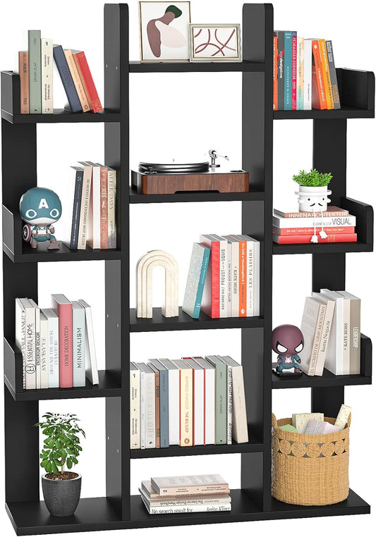 Aheaplus Bookshelf, Tree-Shaped Bookcase Storage Shelf with 13 compartments, Books Organizer Display Cube Shelves, Industrial Free Floor Standing Wood Open Bookshelves, Black
