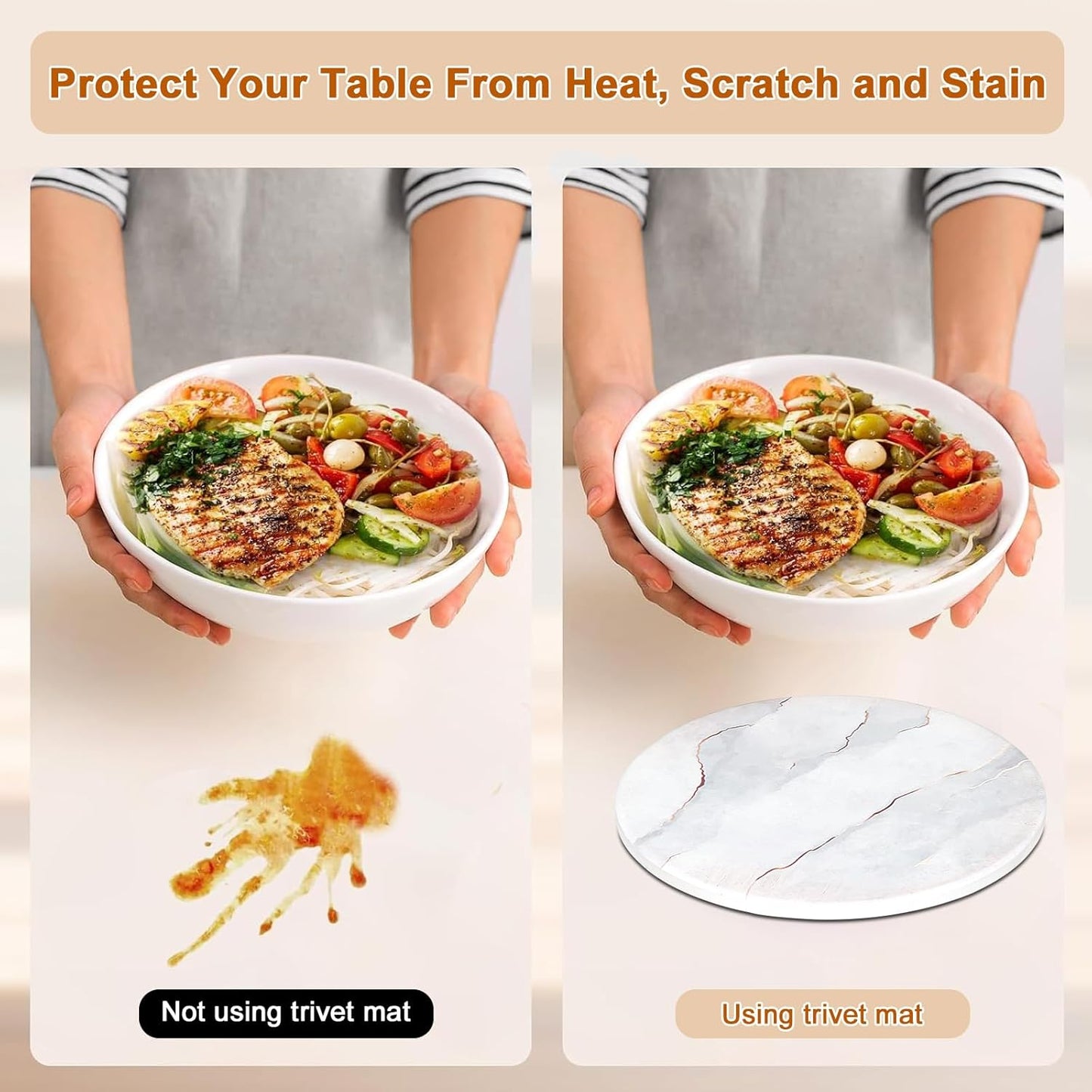 3-Pcs 7'' Ceramic Marble Style Trivet with Holder, Absorbent Trivets for Hot Dishes, Cork Bottom Anti-Slip Trivet Mats for Hot Pots and Pans