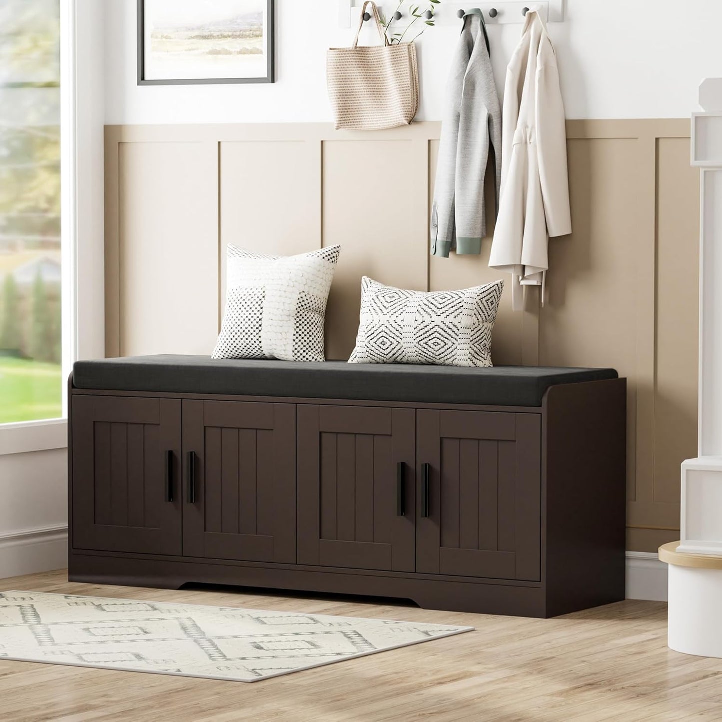 2-Tier Storage Bench, Shoe Bench with Thickened Padded Seat Cushion, Entryway Bench with 4 Doors, Adjustable Shelf, 13.8" D x 45.3" W x 18.5" H, for Entryway, Living Room, Bedroom, Brown