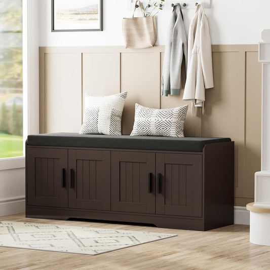 2-Tier Storage Bench, Shoe Bench with Thickened Padded Seat Cushion, Entryway Bench with 4 Doors, Adjustable Shelf, 13.8" D x 45.3" W x 18.5" H, for Entryway, Living Room, Bedroom, Brown
