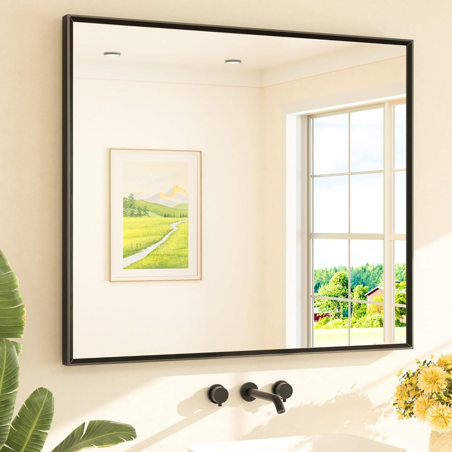 TETOTE Black Bathroom Vanity Mirror Beveled Frame 42" x 36" Black Rectangle Metal Framed Bathroom Wall Mirror for Over Sink, Tempered Glass, Modern Farmhouse Bedroom, Entryway, Living Room