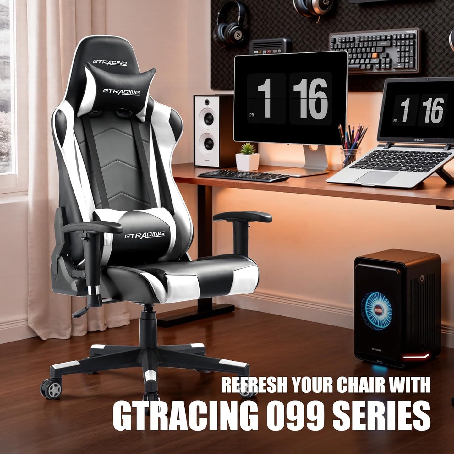 GTRACING Gaming Chair Racing Office Computer Ergonomic Video Game Chair Backrest and Seat Height Adjustable Swivel Recliner with Headrest and Lumbar Pillow Esports Chair (White)