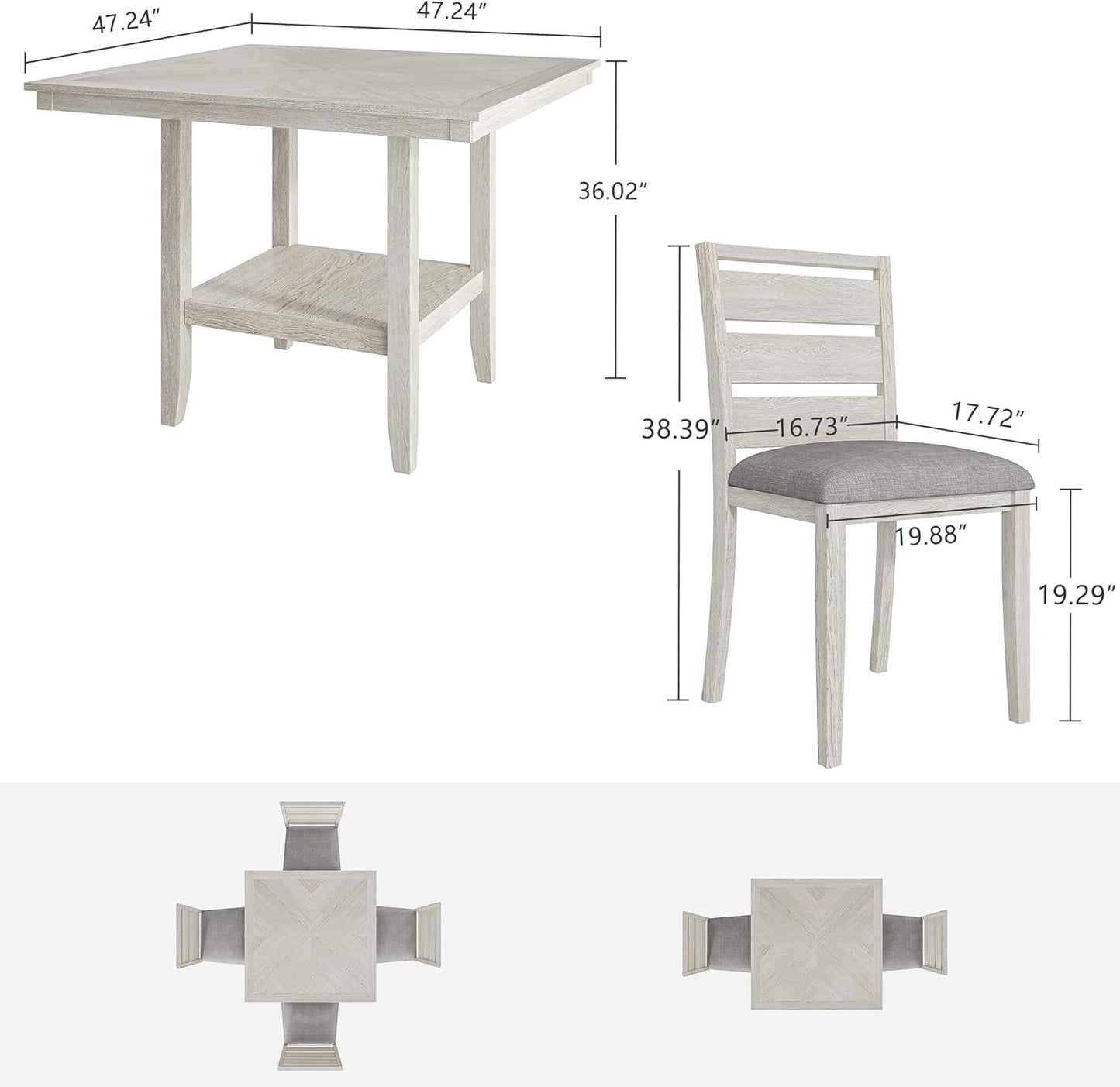 5-Piece Solid Wood Dining Table Set for 4, Modern Breakfast Dinette Kitchen Table with Bench & Chairs for Dining Room, Kitchen, Grey