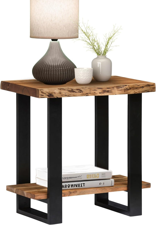 Alpine 2-Tier End Table with Live Edge Design – 27-Inch Solid Acacia Wood Industrial Side Table with Storage Shelf – Modern Nightstand or Accent Table for Living Room by Alaterre Furniture