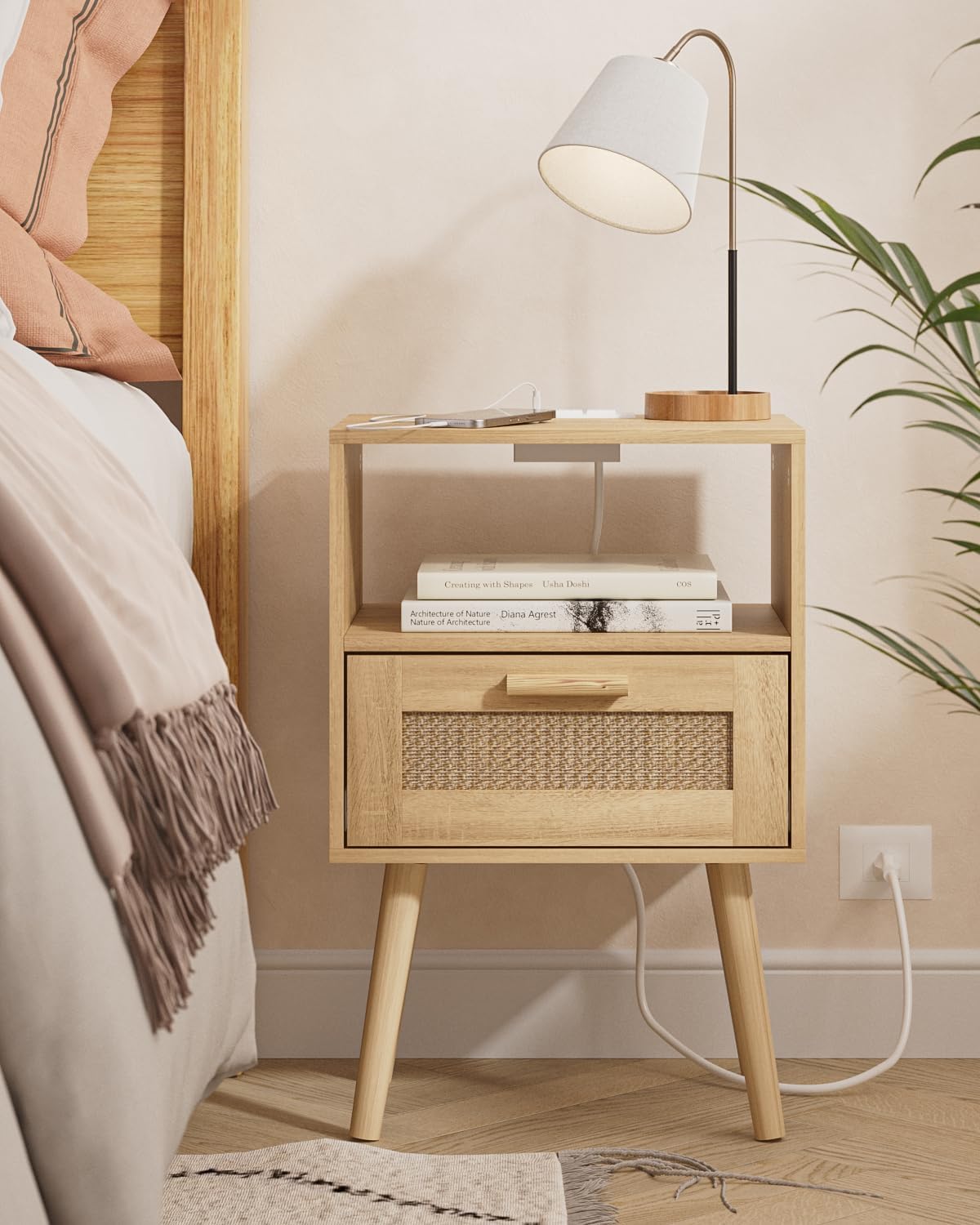 Rattan Nightstand with Charging Station, Small Night Stand, Side Table with Drawer Open Shelf, Cane Accent Bedside End Table with Wood Legs, Modern Nightstand for Bedroom, Oak (Modern)