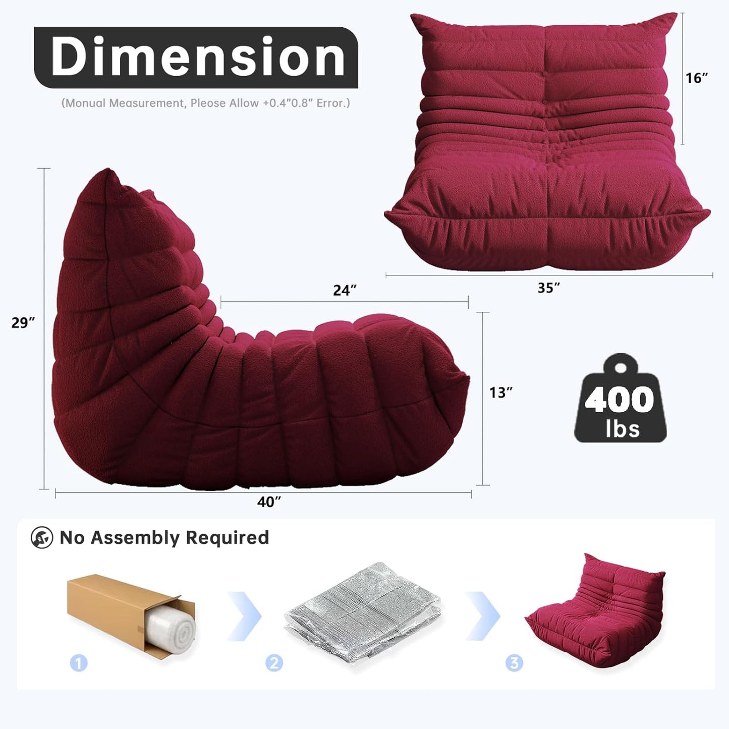Bean Bag Chairs for Adults, BeanBag Reading Chair Memory Foam Couch, Floor Chair Soft Teddy Material, Comfy Reading Nook Chairs for Bedroom Living Room Office (Wine Red)