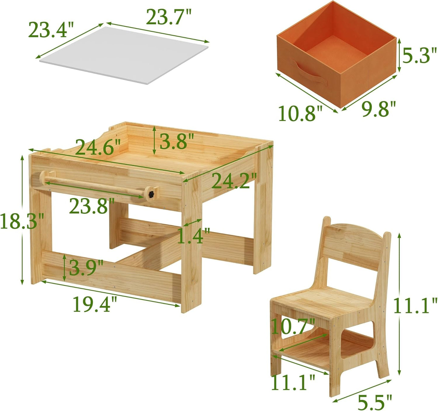 Pinewood Kids Table and Chair Set, 3 in 1 Toddlers Wooden Art Activity Table Desk with Chairs and Storage, Children Removable Tabletop, Blackboard, Natural