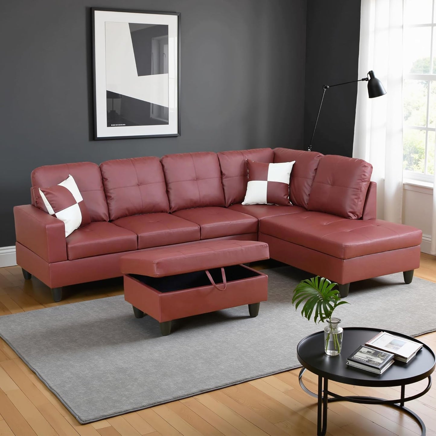 Couches for Living Room Faux Leather L Shaped Couch Comfy 3 Pieces Sectional Sofa with Chaise, Ottoman with Storage for Office and Small Apartment, Dark Red