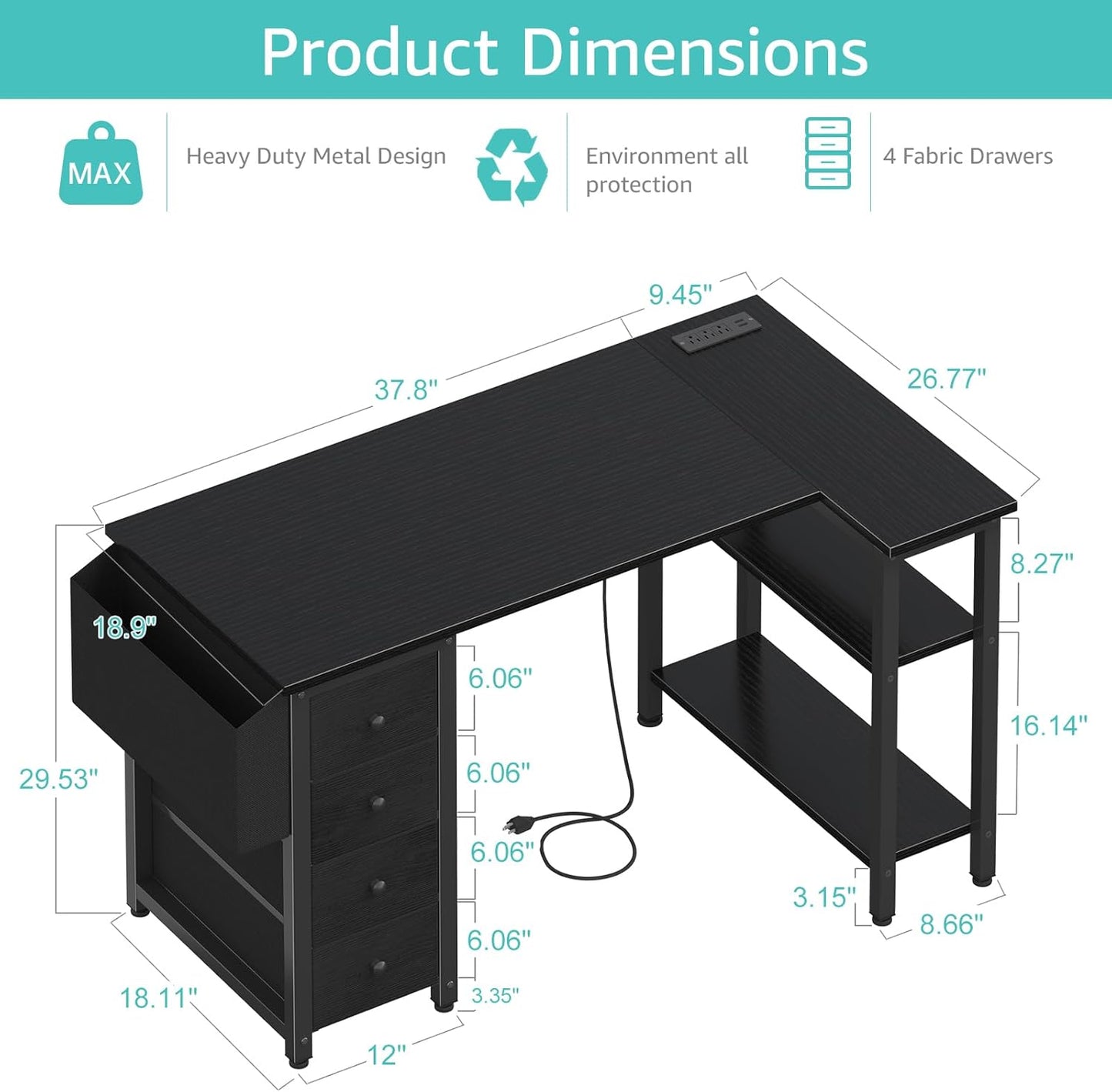Lufeiya L Shaped Gaming Desk with Drawers & Storage Shelves, 47 Inch Reversible Corner Computer Desk with Power Outlet for Home Office Bedroom, L-Shaped Teen PC Desks with Fabric Drawer, Black