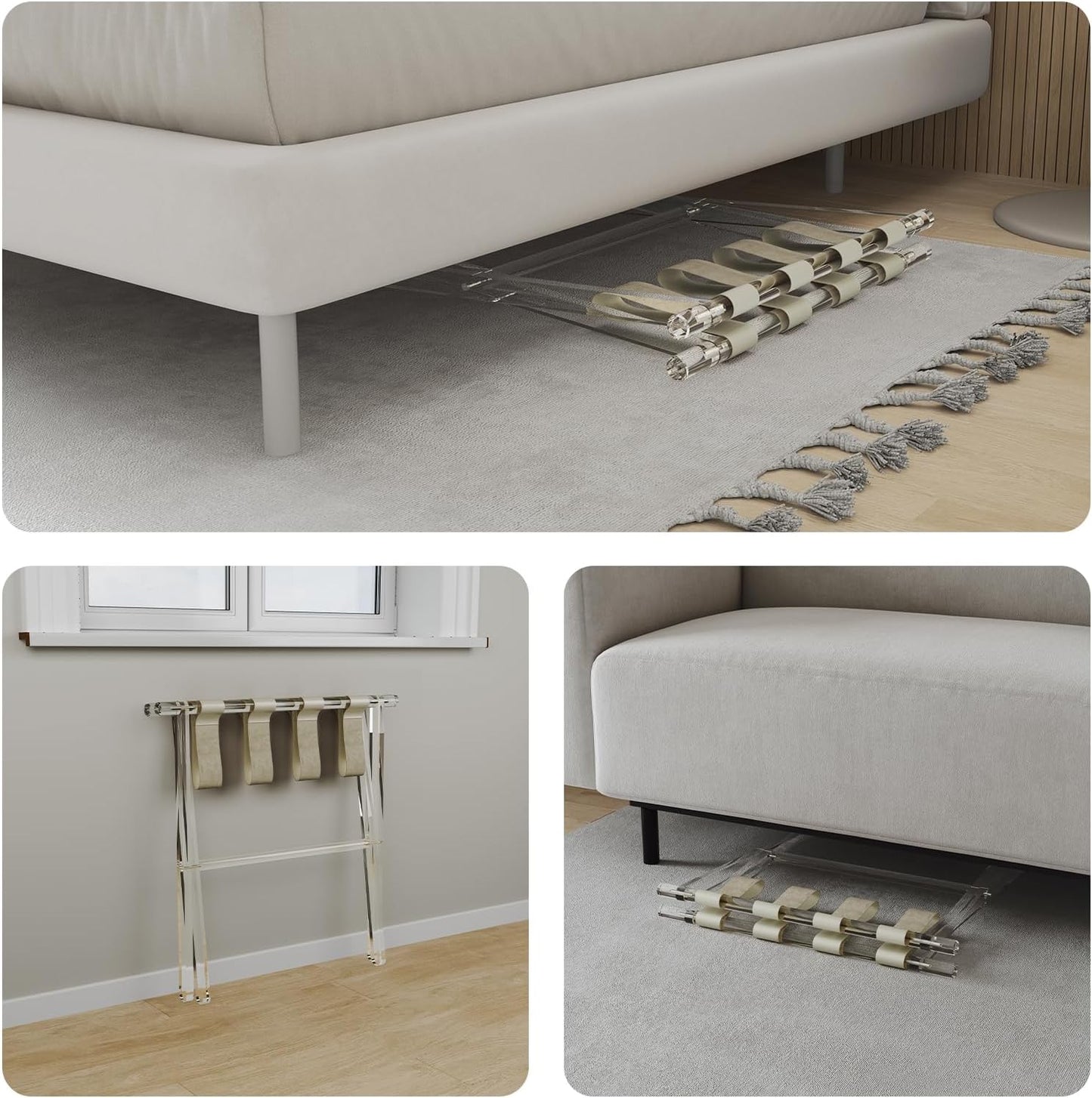 Sumerflos Acrylic Luggage Rack for Guest Room - Foldable Suitcase Stand with Leather Straps for Bedroom Living Room Hotel Heavy-Duty, Holds up to 50-100 lb lightweight Space Saving (Beige & Handle - 2 Pcs)