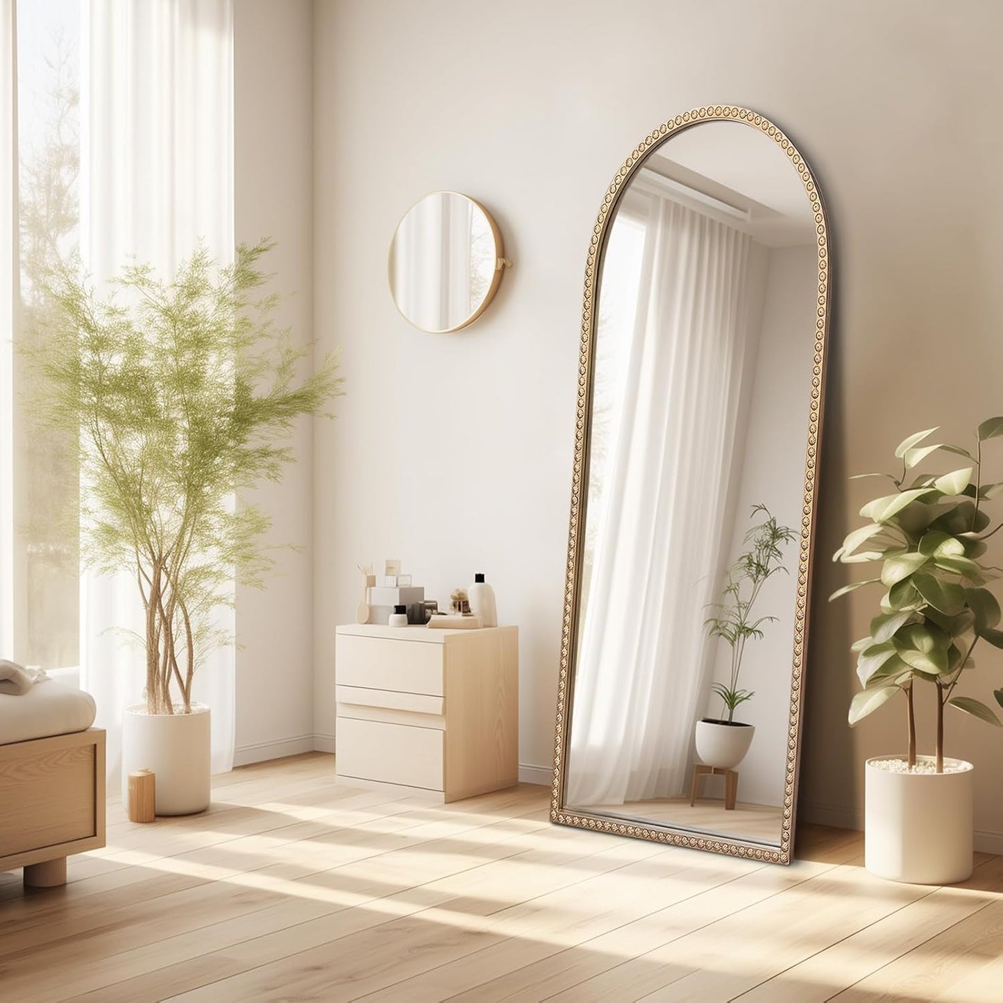 Large Arched Mirror, 20"x53" Gold Arch Floor Mirrors for Dressing, Metal Beaded Frame Decorative Accent Mirror, Ornate Vintage Mirrors for Living Room Bedroom Bathroom Entryway