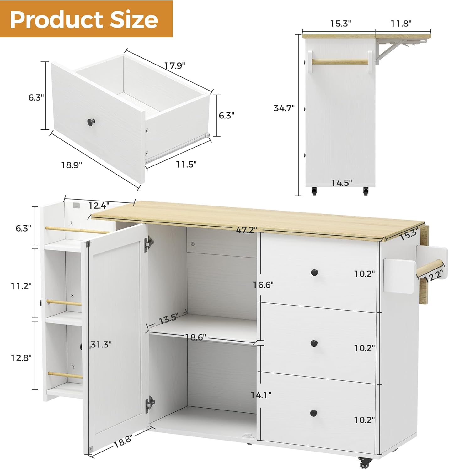 IRONCK Kitchen Island with Storage, 47.2in Rolling Island on Wheels, Kitchen Cart with Drop Leaf, 3 Spacious Drawers, Storage Cabinets and Towel Rack for Home, Dining Room
