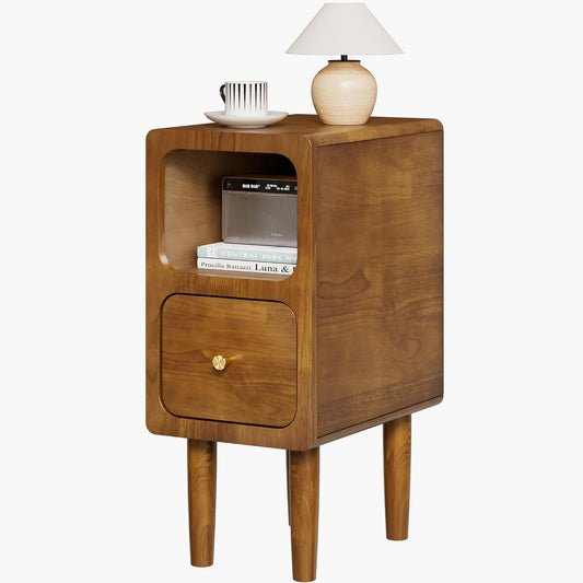 Narrow Nightstand, Solid Wood Night Stand with Drawers, Walnut Mid Century Modern Nightstand, Small Beside Table with Open Storage Shelf for Bedroom (10 inch)