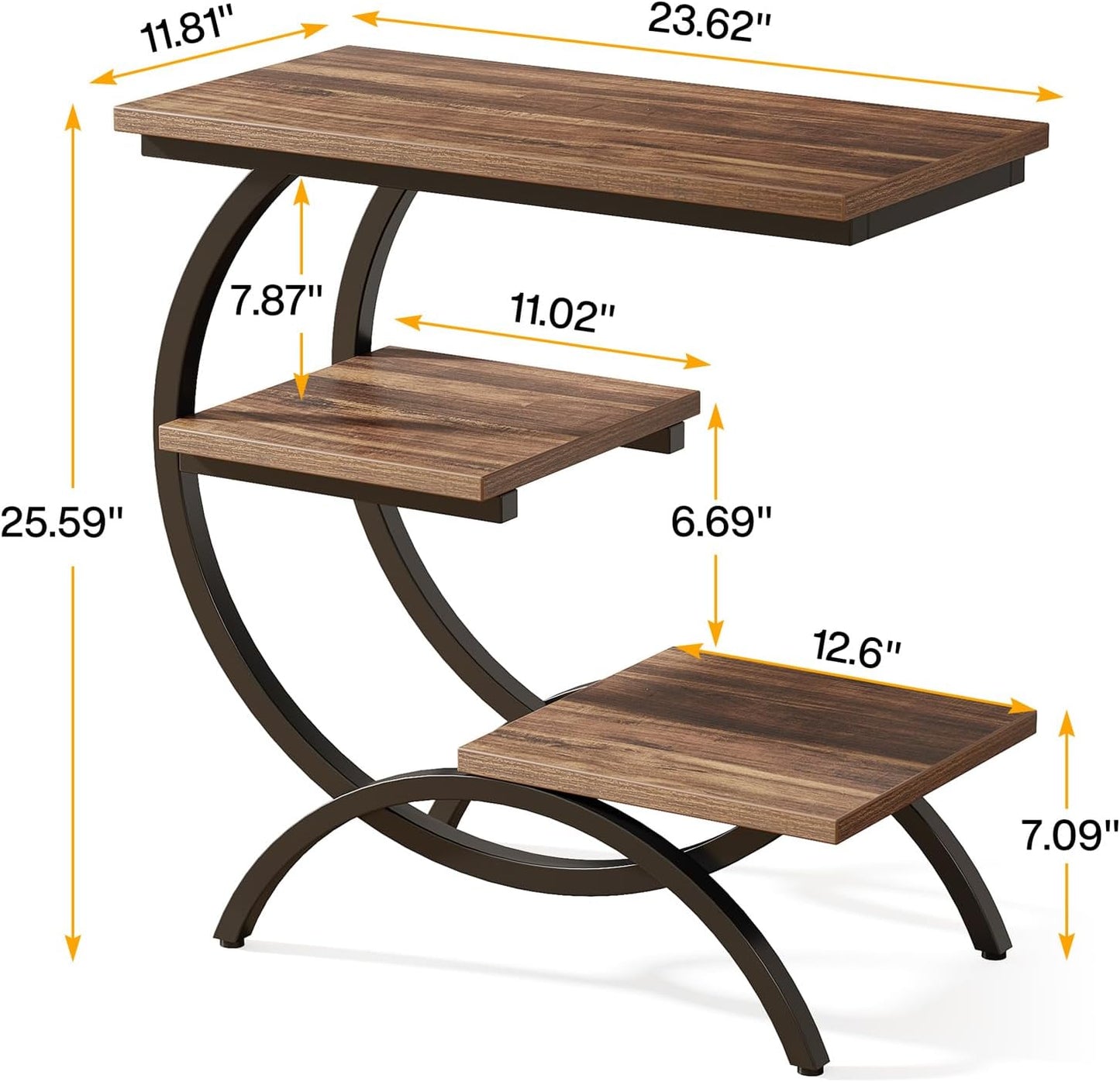 Tribesigns C-Shaped End Table Set of 2, Industrial 3-Tier Small Side Table for Couch, Wood Bedside Table Snack Side Table with Storage Shelves for Living Room Small Space, Rustic Brown