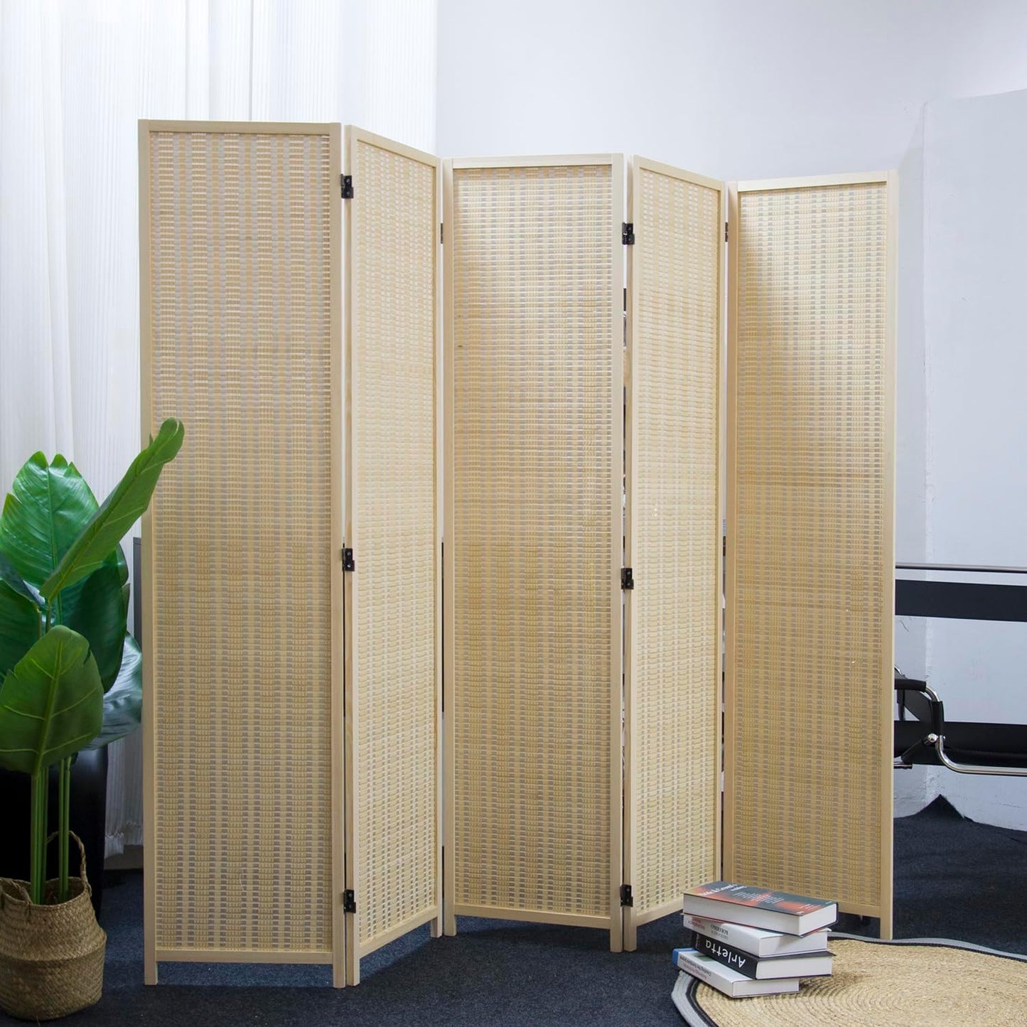 5 Panel Room Divider and Folding Panel Screen,Bamboo Panel Divider Screen for Room Separation,Beige,67" H x 76.75" W