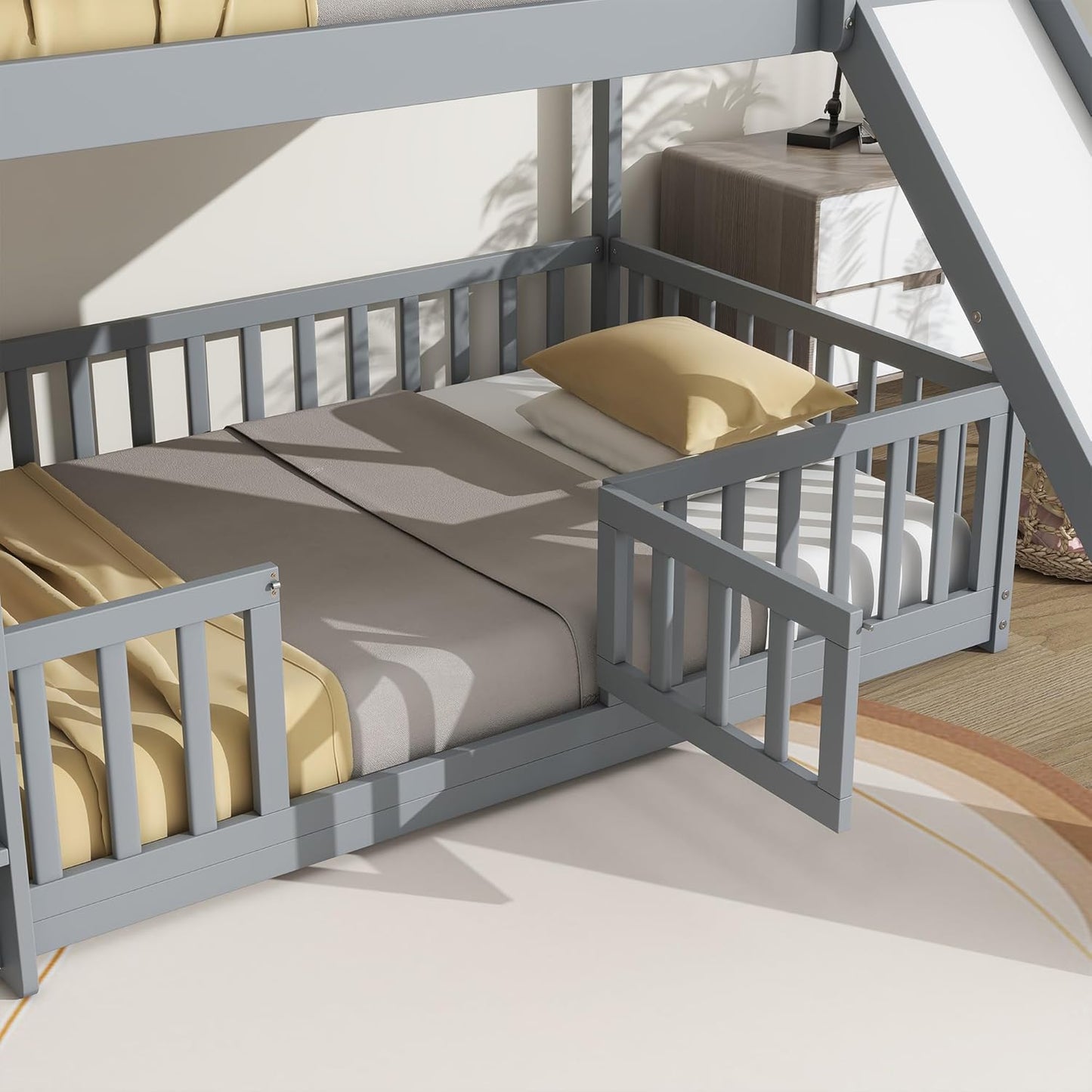 Ball & Cast Bunk Bed Twin Over Twin with Storage Staircase & Slide,Pine Solid Wood Bunk Bed Frame with Safety Guardrails,Floor Bunk Beds for Kids,Teens,No Box Spring Needed,Grey