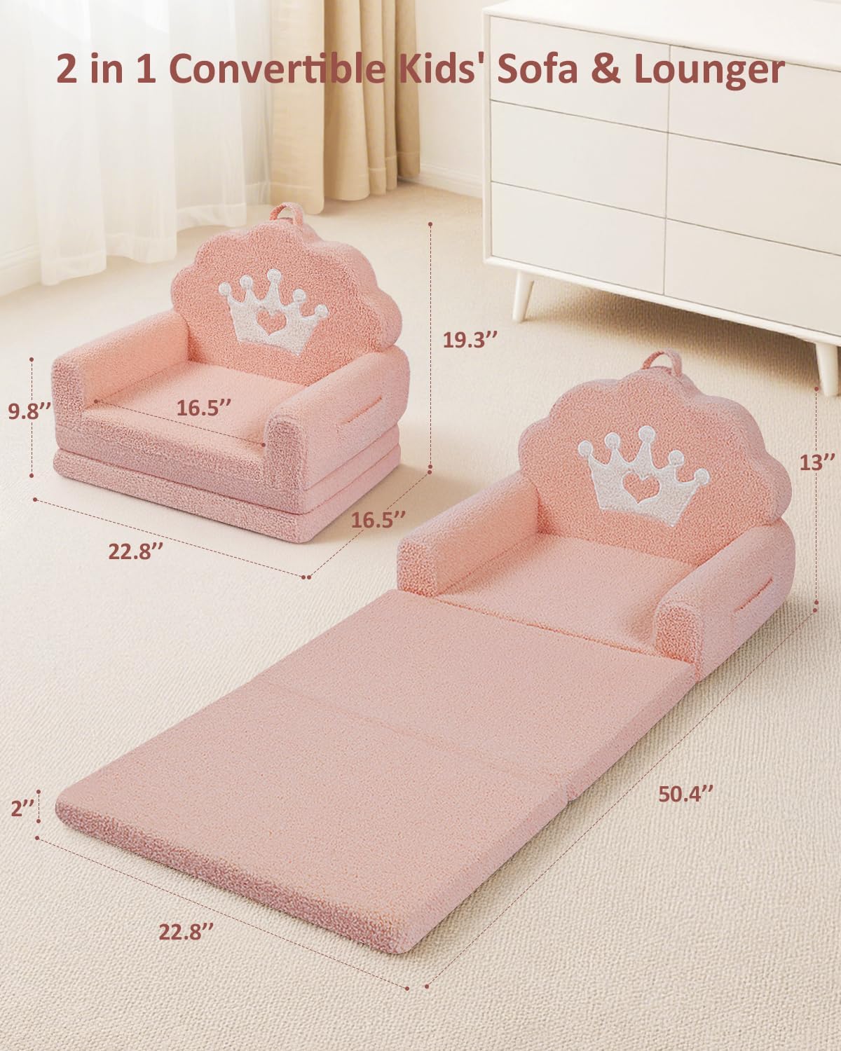 2-in-1 Kids Couch Fold Out, Soft Teddy Sherpa Toddler Couch with Crown Design, Convertible Kids Sofa to Lounger for Nap & Playtime, Cozy Children's Furniture for Boys & Girls, Pink