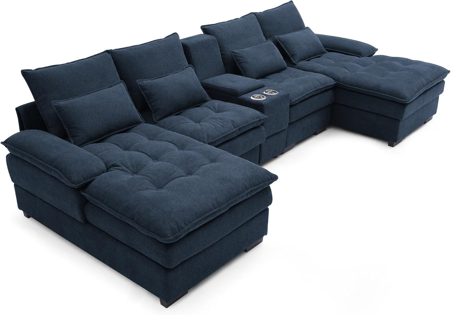 KEIKI 130" U-Shaped 6 seat Sofa with Storage Console, Cup Holders, Upholstered Sectional Sofa, Button Tufted Cloud Cushion Couch for Home, Office, Apartment, Blue
