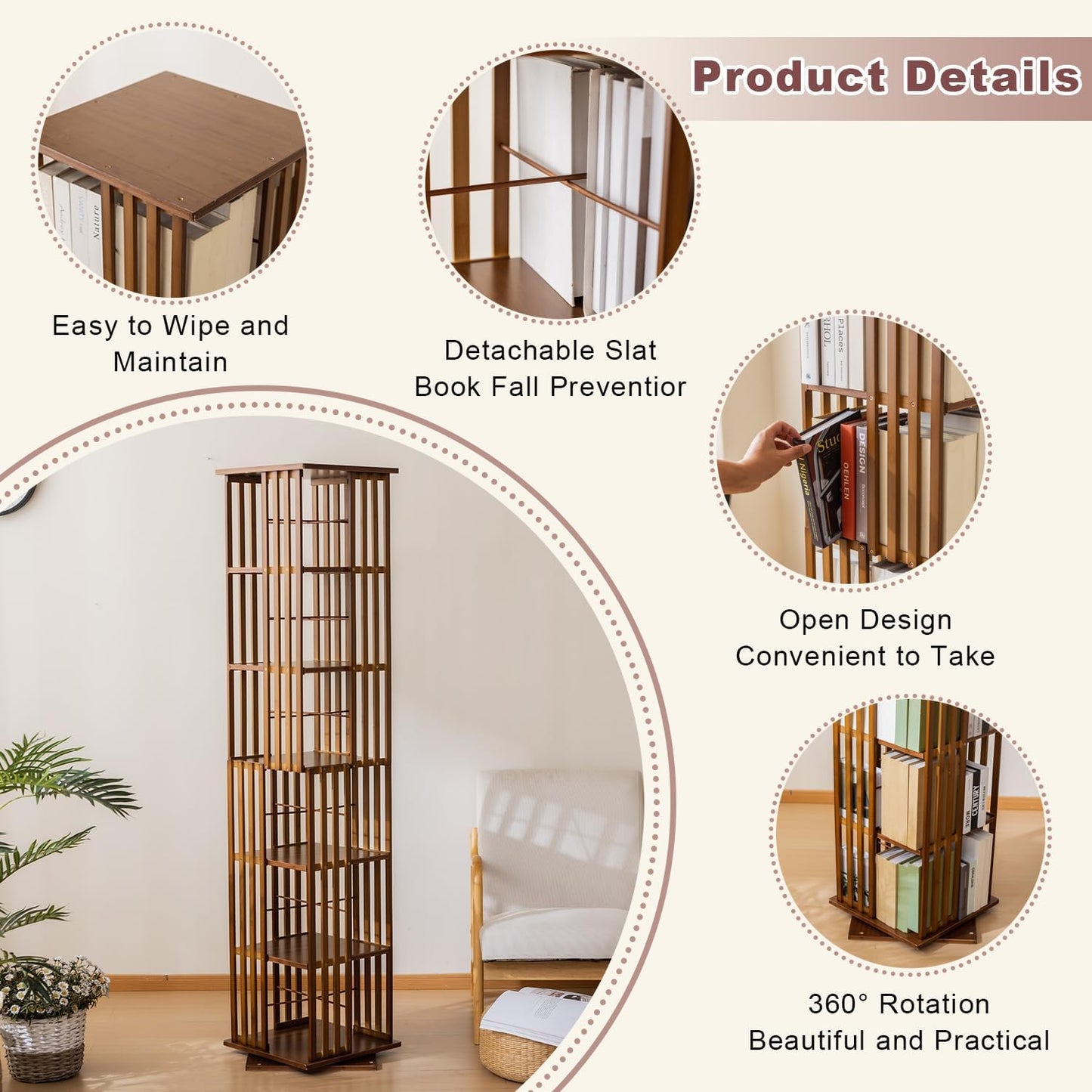 6 Tier Book Shelf,Modern Bookshelves Organizer,Walnut