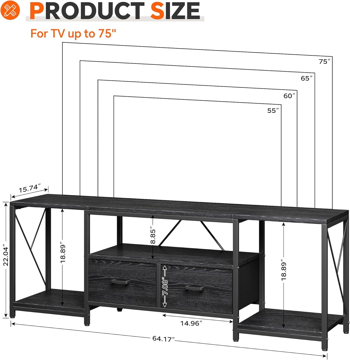 Homeiju TV Stand for TVs up to 75 Inch, Entertainment Center with Fabric Drawers, TV Media Console Table with Open Storage Shelves for Living Room, Bedroom, Black