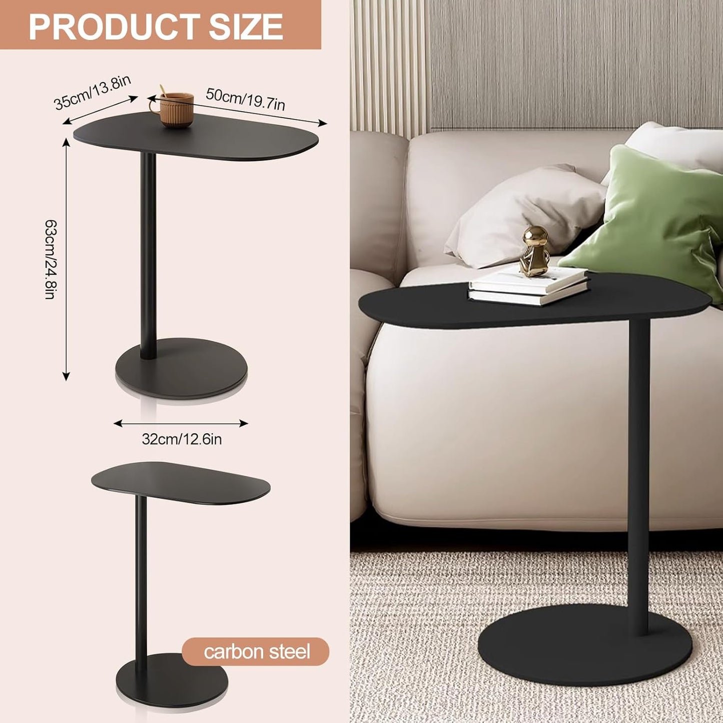 Modern Metal Side Tables Shaped End Table for Couch, Small C Shaped Side Table, C-Shaped Tables for Eating Couch Tables Counter for Living Room, Dining Room, Small Space, Black