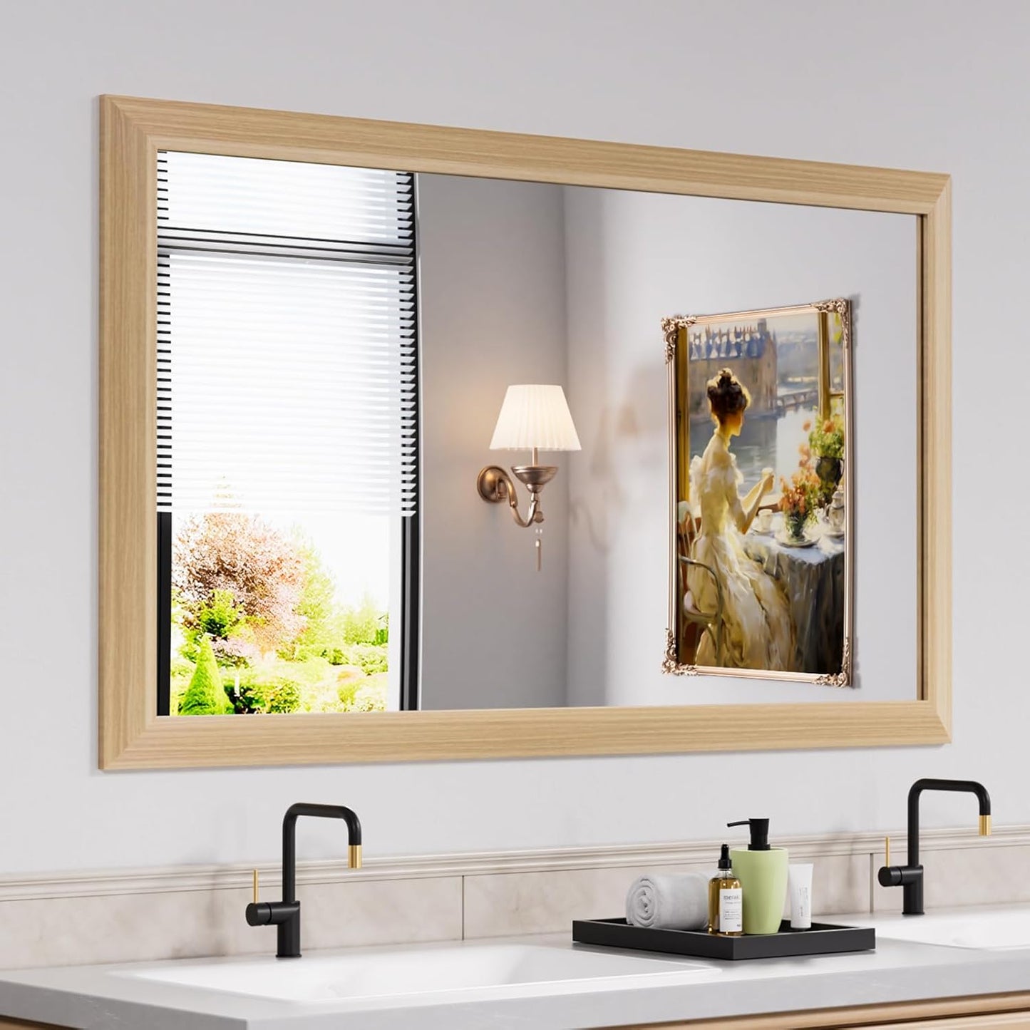 Amorho 50 X30 Inch Bathroom Mirror for Wall, Oak Wood Grain Metal Framed Mirror, Anti-Rust, Hang Horizontally/Vertically, Suitable for Bedroom, Farmhouse, Bathroom, Decorative