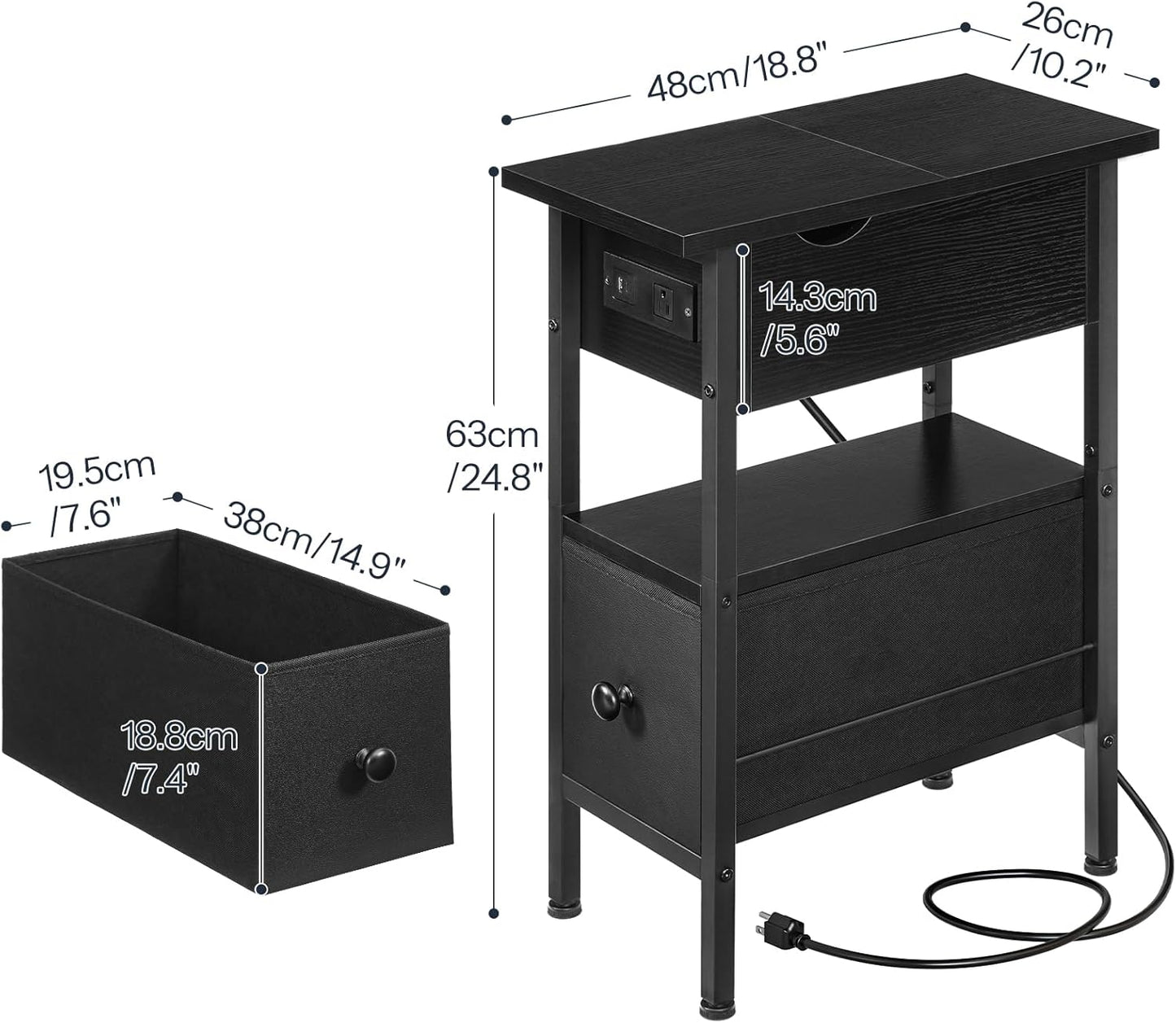 HOOBRO End Table with Charging Station, Flip Top Narrow Side Table with Storage Drawer, Slim Nightstand Bedside Tables with Shelves, for Small Space, Living Room, Bedroom, Black BK343UBZ01G1