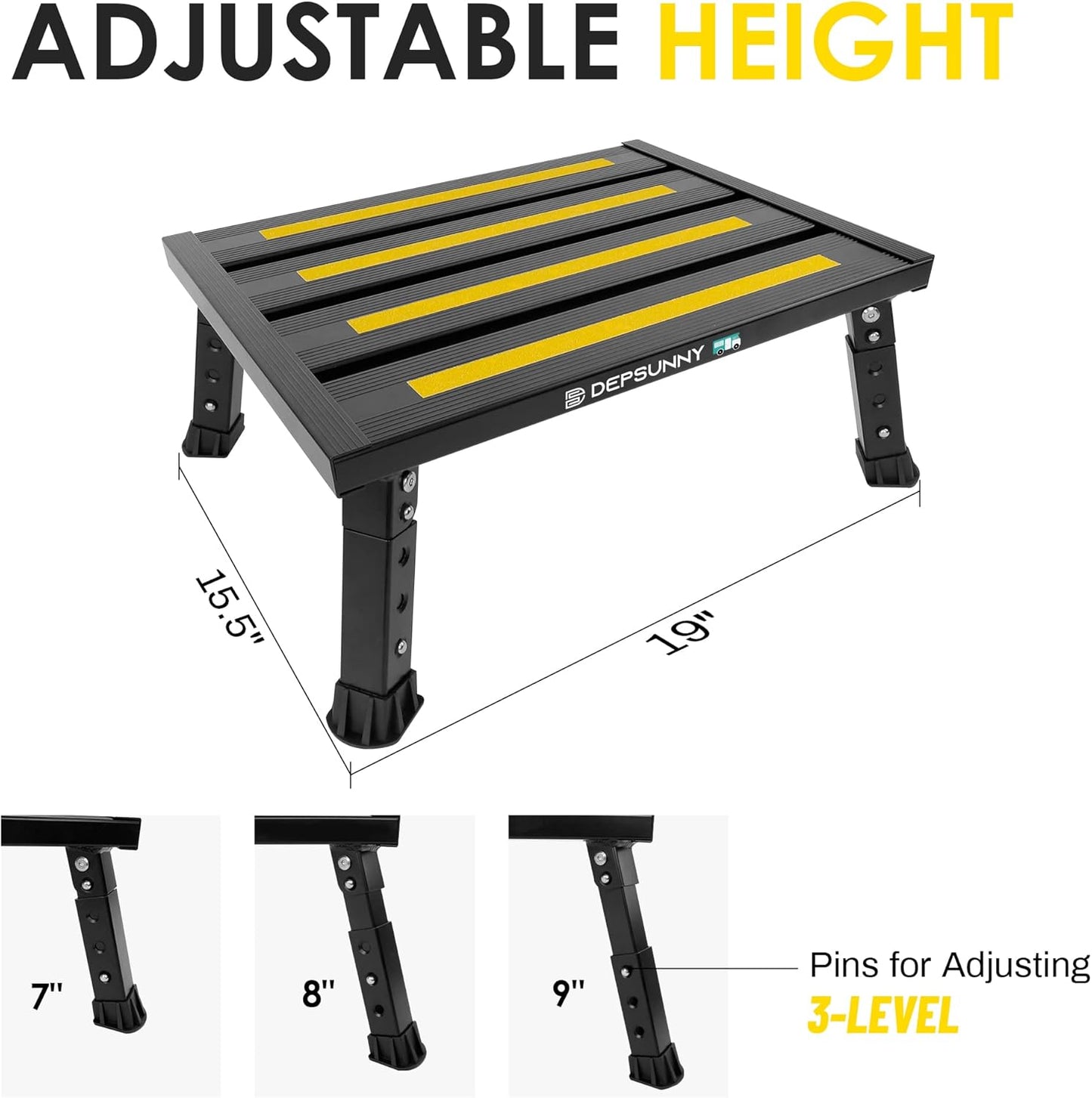 Adjustable Height Aluminum RV Step, Stable Foldable Platform Step Stool, Supports Up to 1,000 lb, Non-Slip Rubber Feet and Platform Mat, Easy to Carry (Black)
