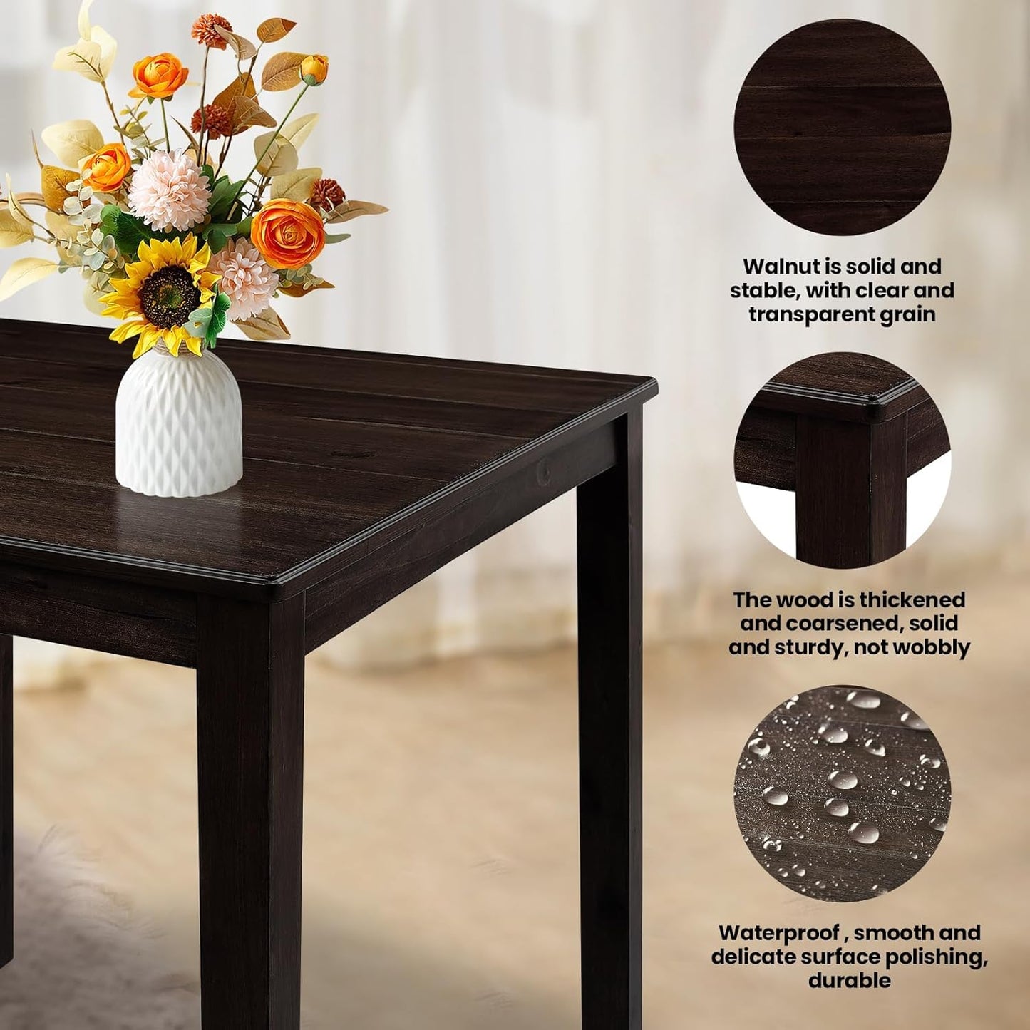 5-Piece Dining Table Set, Solid Rubber Wood Dining Room Table Set for 4, High Top Table and Chair Set for Kitchen Dining Room Restaurant Bar,Espresso