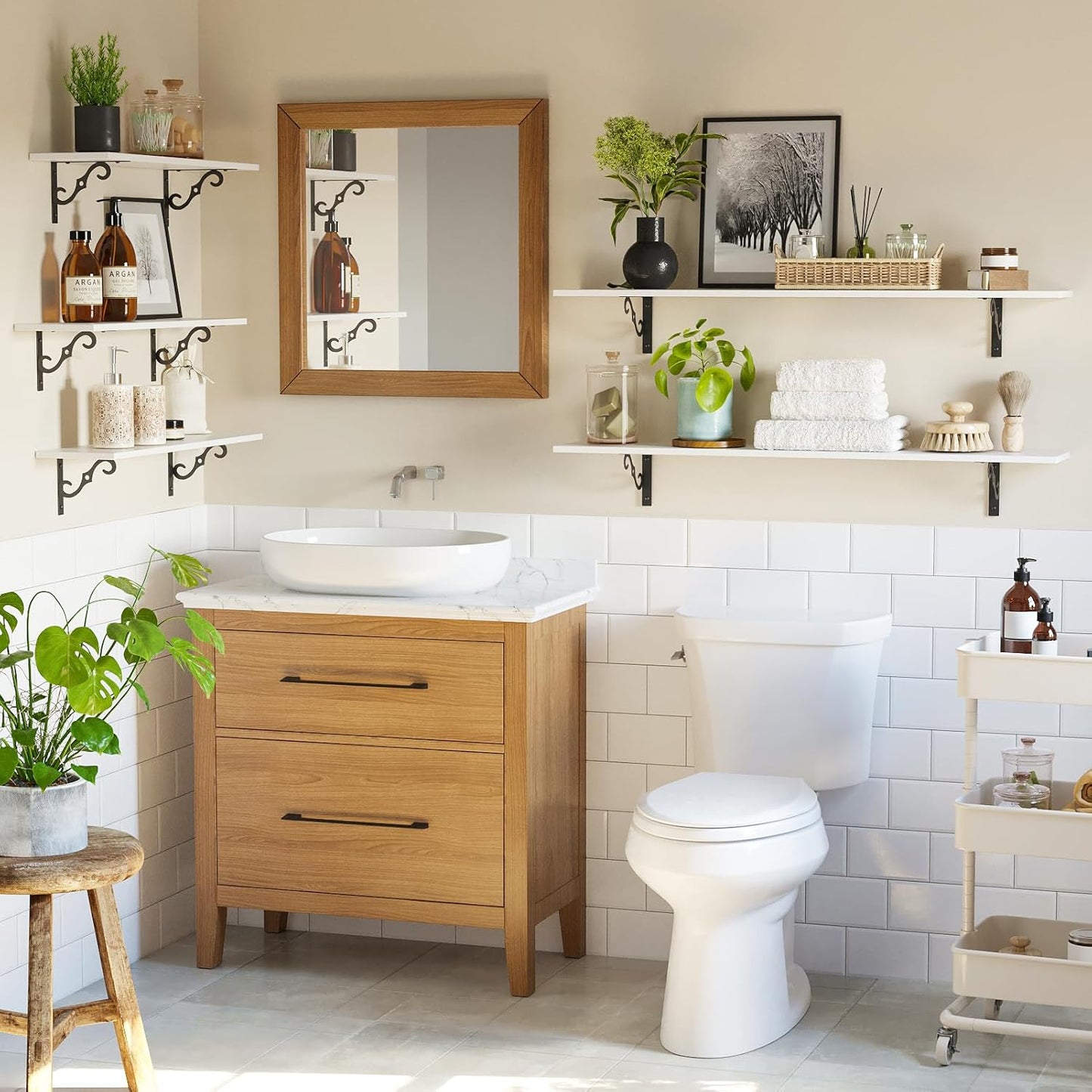 DINZI LVJ Long Wall Shelves, 31.5 Inch Large Floating Shelves Set of 2, Wide Display Shelf Wall Mounted with Brackets, Easy Hanging for Living Room, Toilet, Office, Bedroom, White