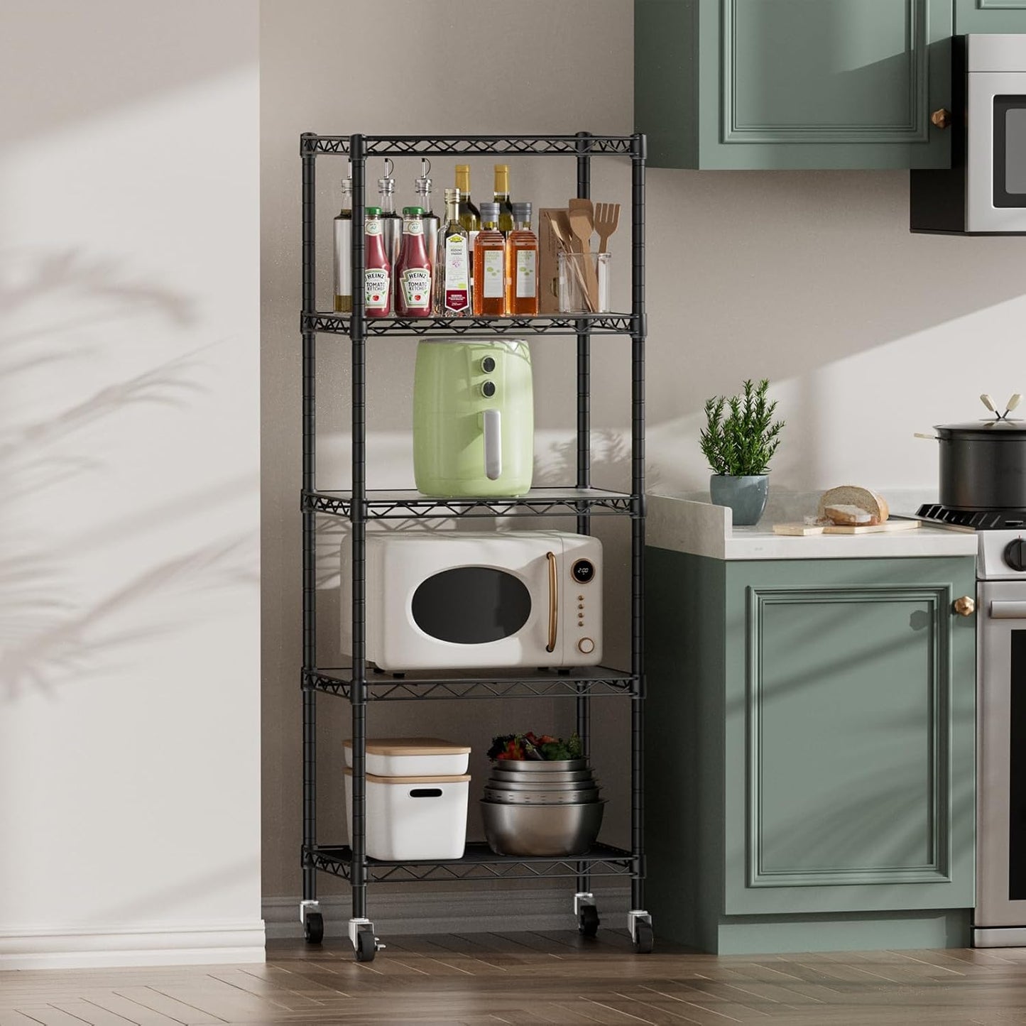 SINGAYE 5 Shelves Storage Shelf Wire Closet Bathroom Organizers Metal Pantry Kitchen Small Garage Shelving Unit Laundry Room Organization Home Narrow Rack Net Basket with Wheels Black