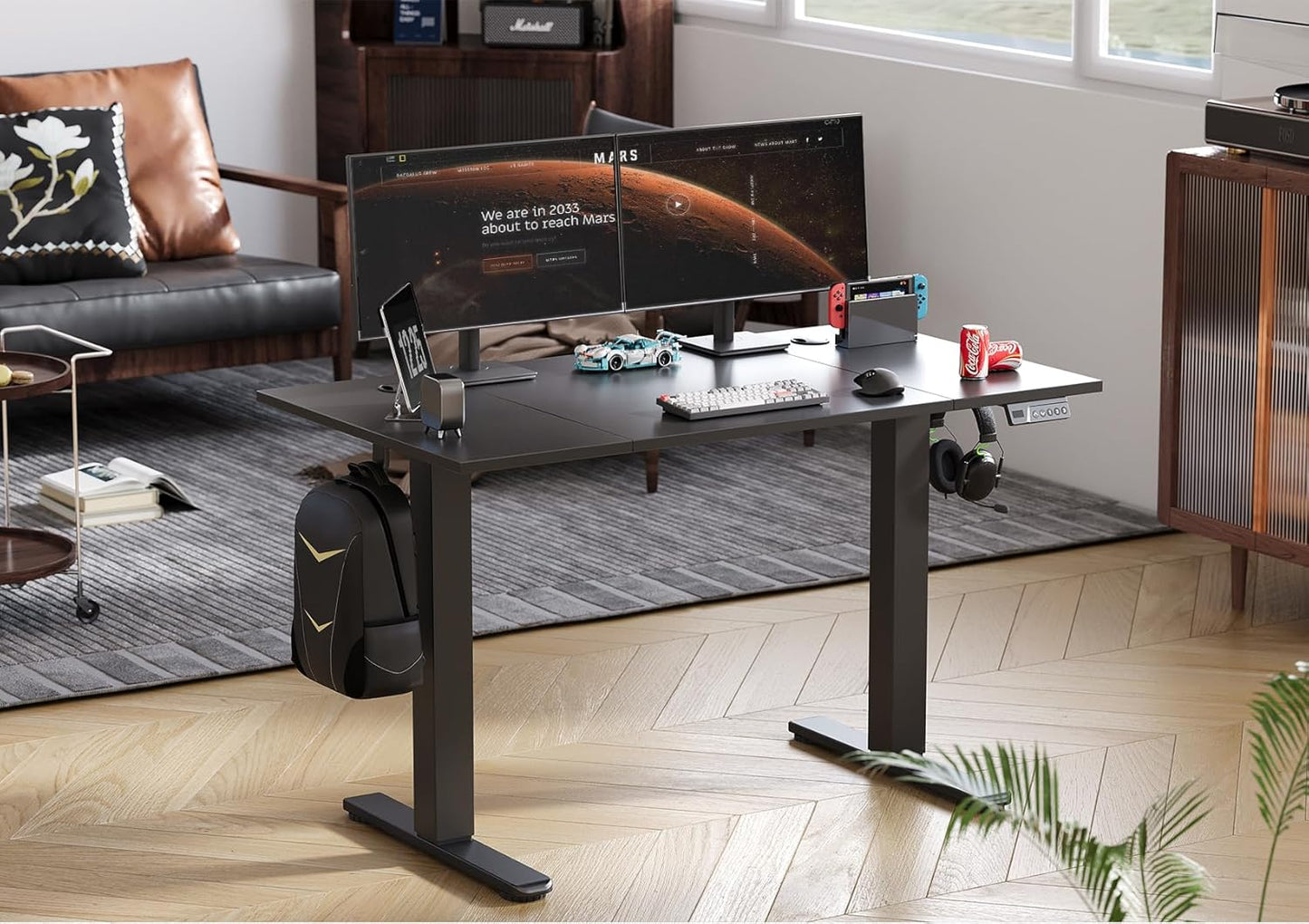 Seang Electric Standing Desk Adjustable Height, 48 x 24 Inch Sit Stand Desk with T-Shaped Frame, 3 Memory Presets & Cable Management for Home Office Computer Workstation, Black Frame/Black Top