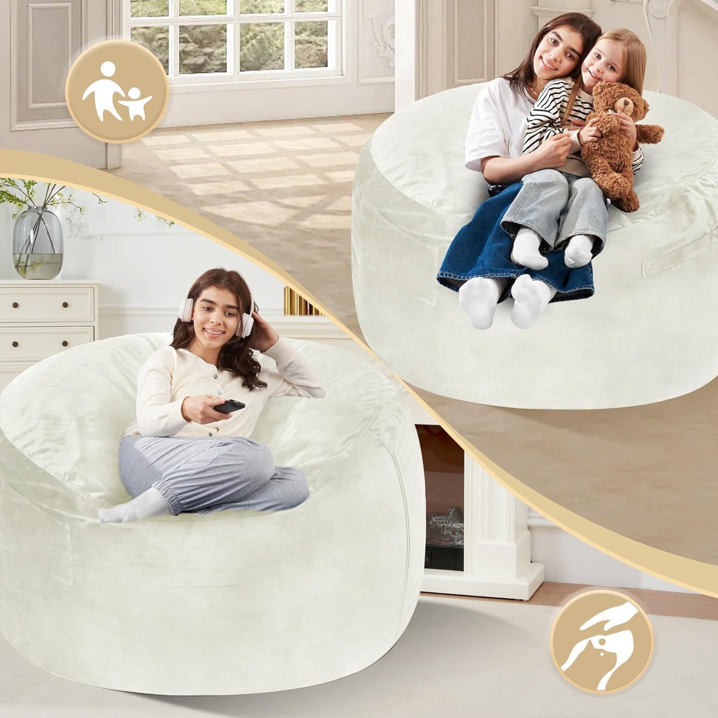 Homguava 4 FT Bean Bag Chair: 4' Bean Bags with Memory Foam Filled, Large Beanbag Chairs Soft Sofa with Dutch Velvet Cover-Beige