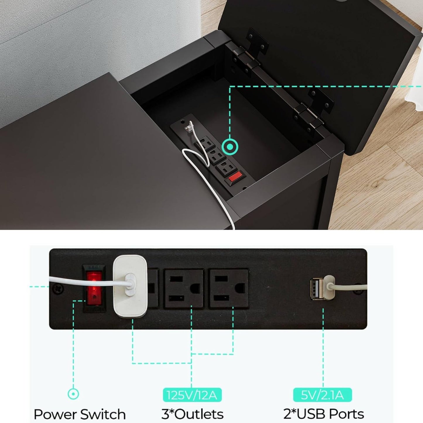 LINSY HOME End Table Set of 2 with Charging Station, Modern Farmhouse Side Table with Drawer, Wooden Narrow Bedside Table for Living Room, Slim Nightstand with Storage Cabinet, Black, Glass Door