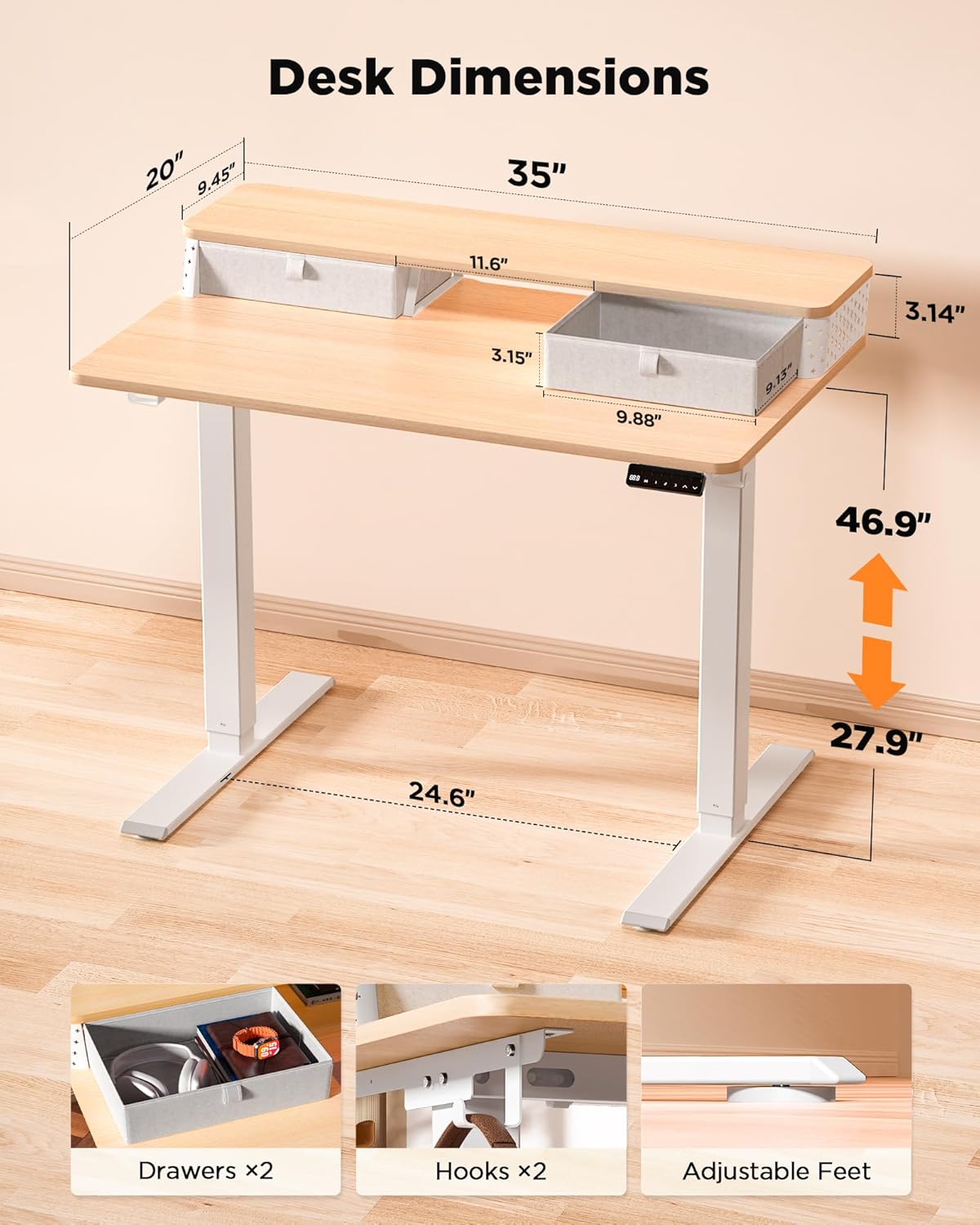 35x20 Inch Standing Desk with Double Drawers, C-Clamp Mount Compatible, Electric Adjustable Height Computer Stand Up Desks, Home Office Sit Stand Table with 3 Preset Heights & 2 Hooks, Natural
