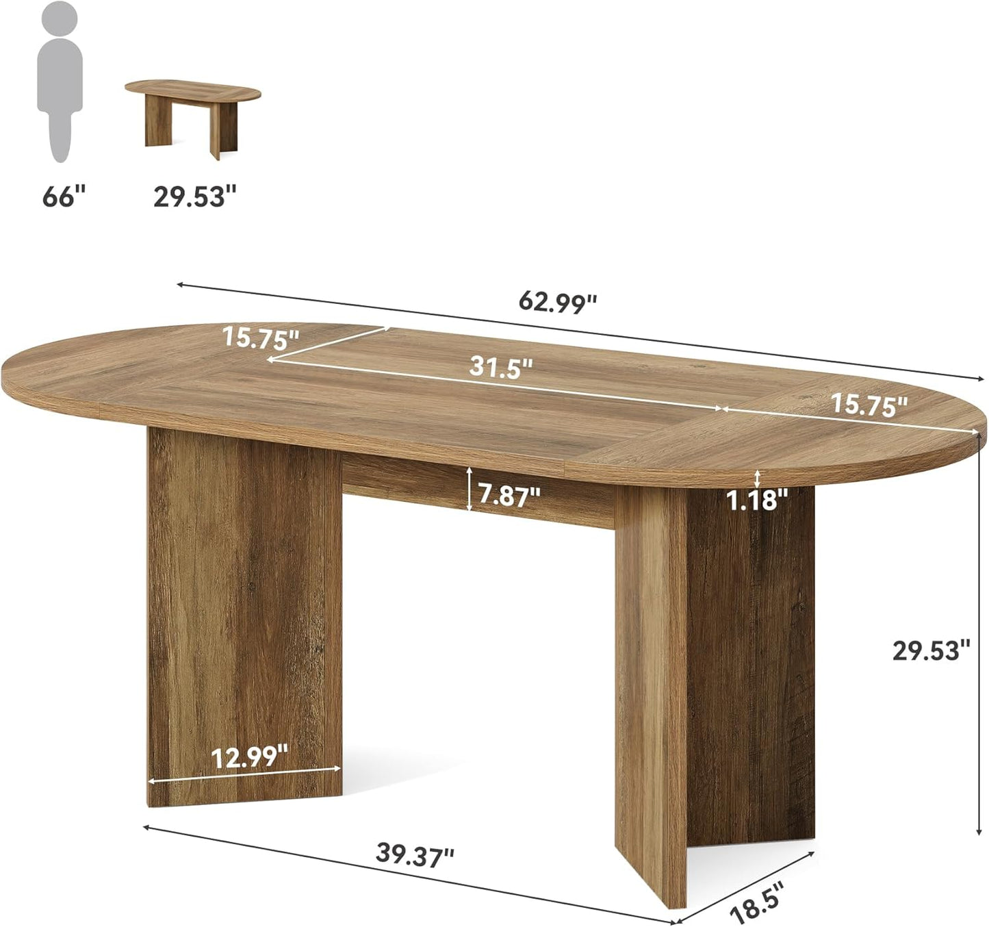 LITTLE TREE 63" Rustic Oval Dining Table for 4-6, Sturdy MDF Farmhouse Kitchen Table with Metal Strip Base, for Living Room, Office, Restaurant, Multi-Use, Umber