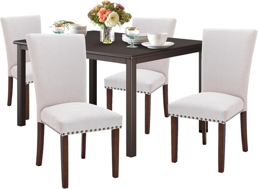COLAMY 5-Piece Dining Table Set for 4, 60" Rectangular Kitchen Wood Table with 4 Nailhead Dining Room Chairs, Brown/Beige
