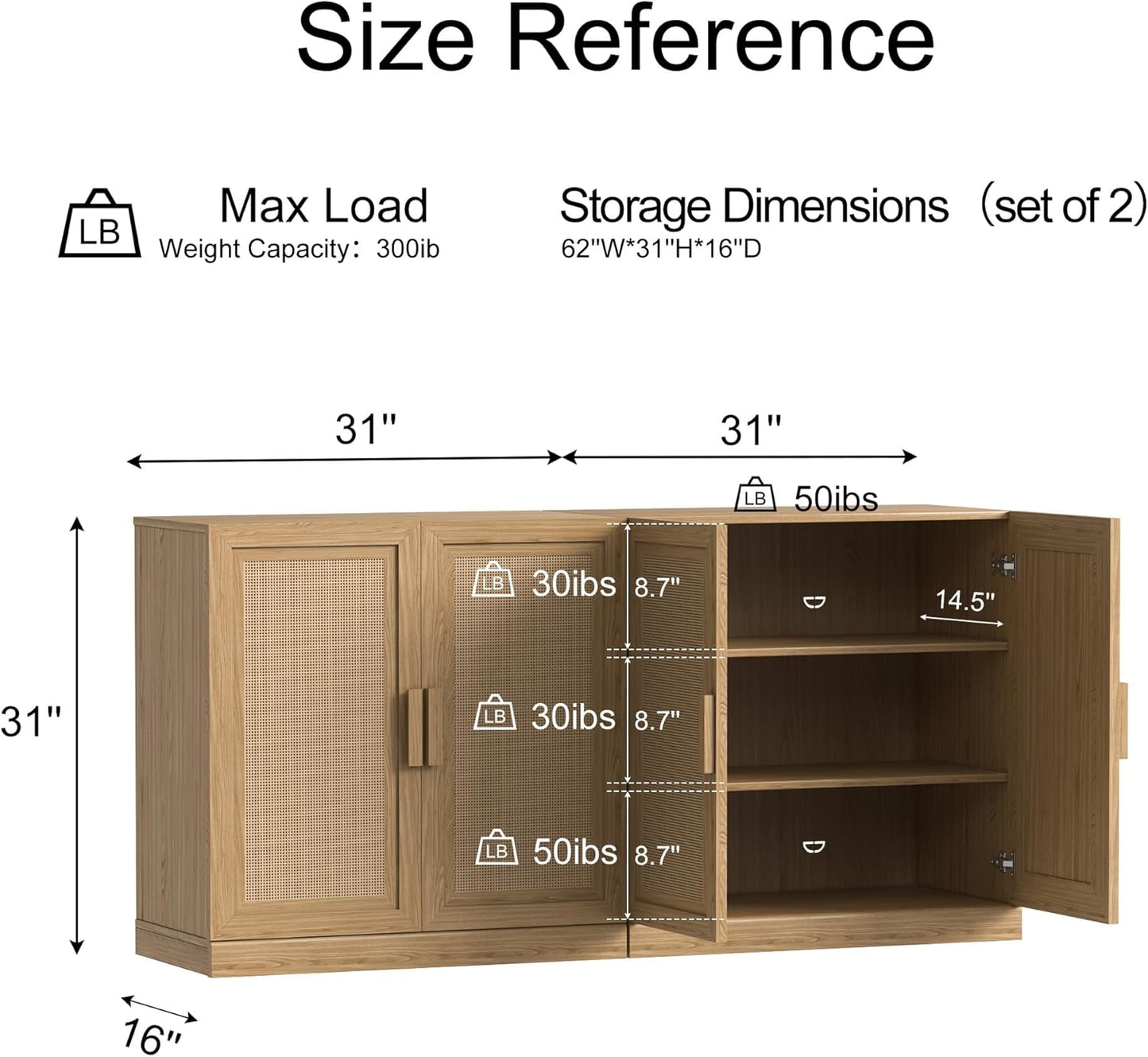 Buffet Cabinet, 4-Doors Sideboard Cabinet with Rattan Panels, Buffet Console Accent Table for Hallway Entryway Dining Room, 62", Oak