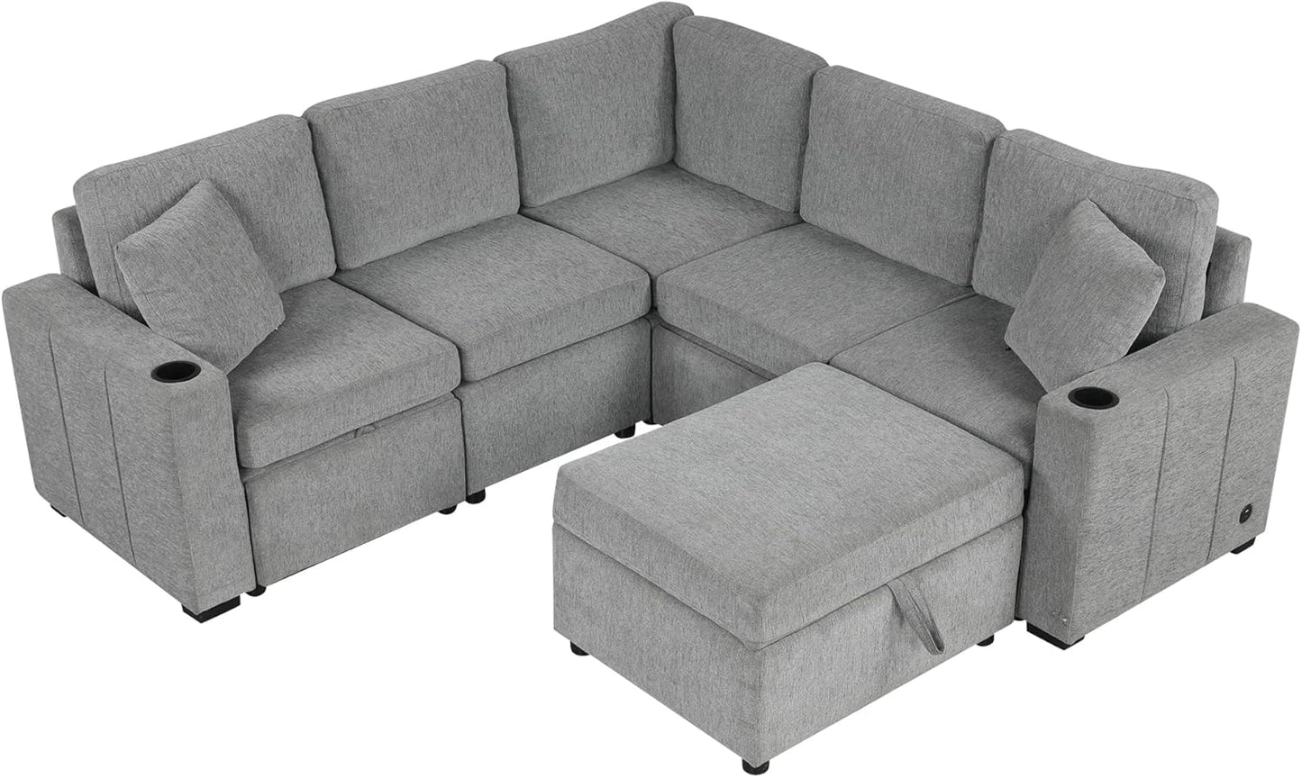 84.7" Symmetrical Convertible Sleeper Sectional Sofa Couch Bed for Living Room 4 Seater L Shaped Reversible Pull Out Sleeper Sofabed with Movable Ottoman ,2 Cup Holders ,USB Ports, Detachable Backrest