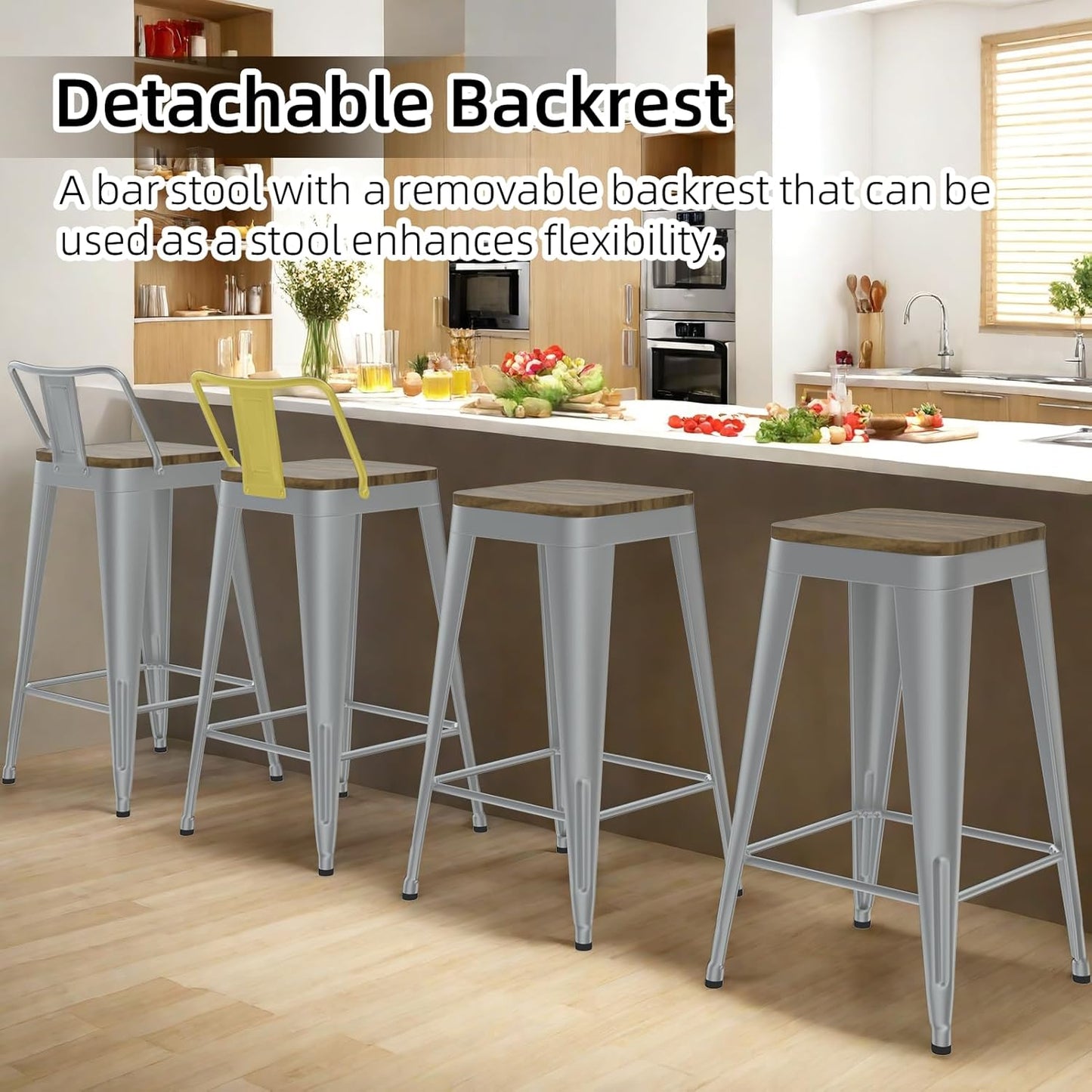 Silver Bar Stools Set of 4, Metal Bar Stools with Wooden Seat, Modern 26”Counter Height Barstools with Low Back