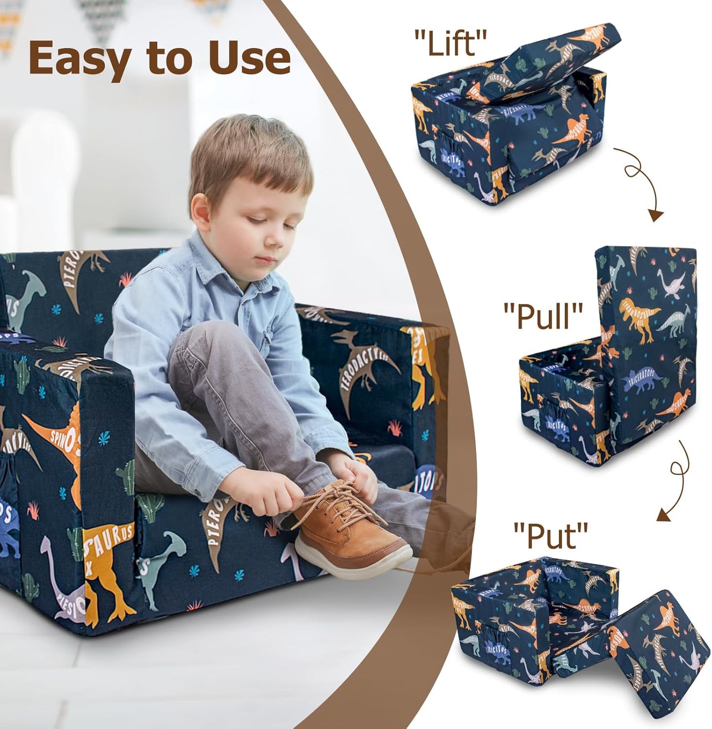 Kids Couch, 2-in-1 Kids Fold Out Couch, Convertible Kid Sofa to Lounger for Girls and Boys, Soft Toddler Chairs Comfy 1-3 Years Old (Dinosaur)