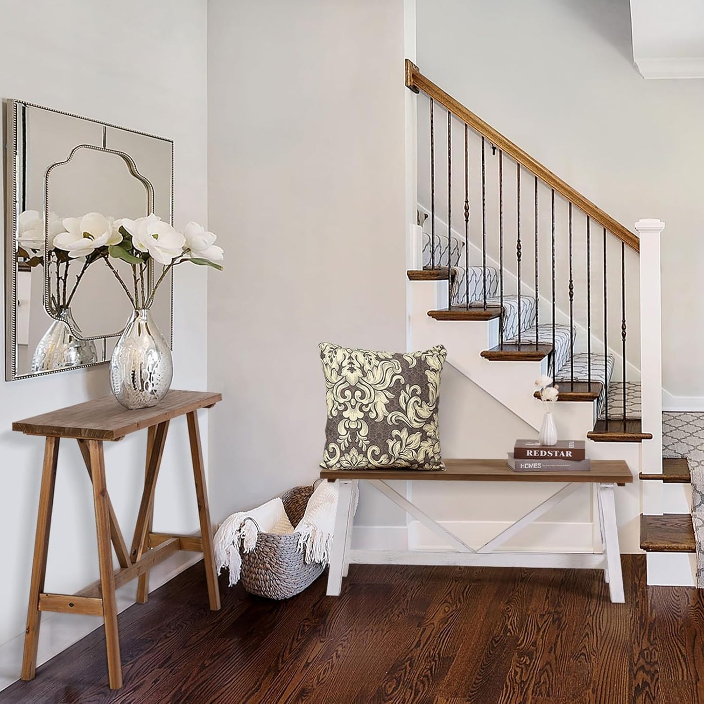 Wnutrees 43" Farmhouse Wood Bench, Narrow Bench, Long Bench Seat for Entryway, Living Room, Dining Room, Solid Wood, White