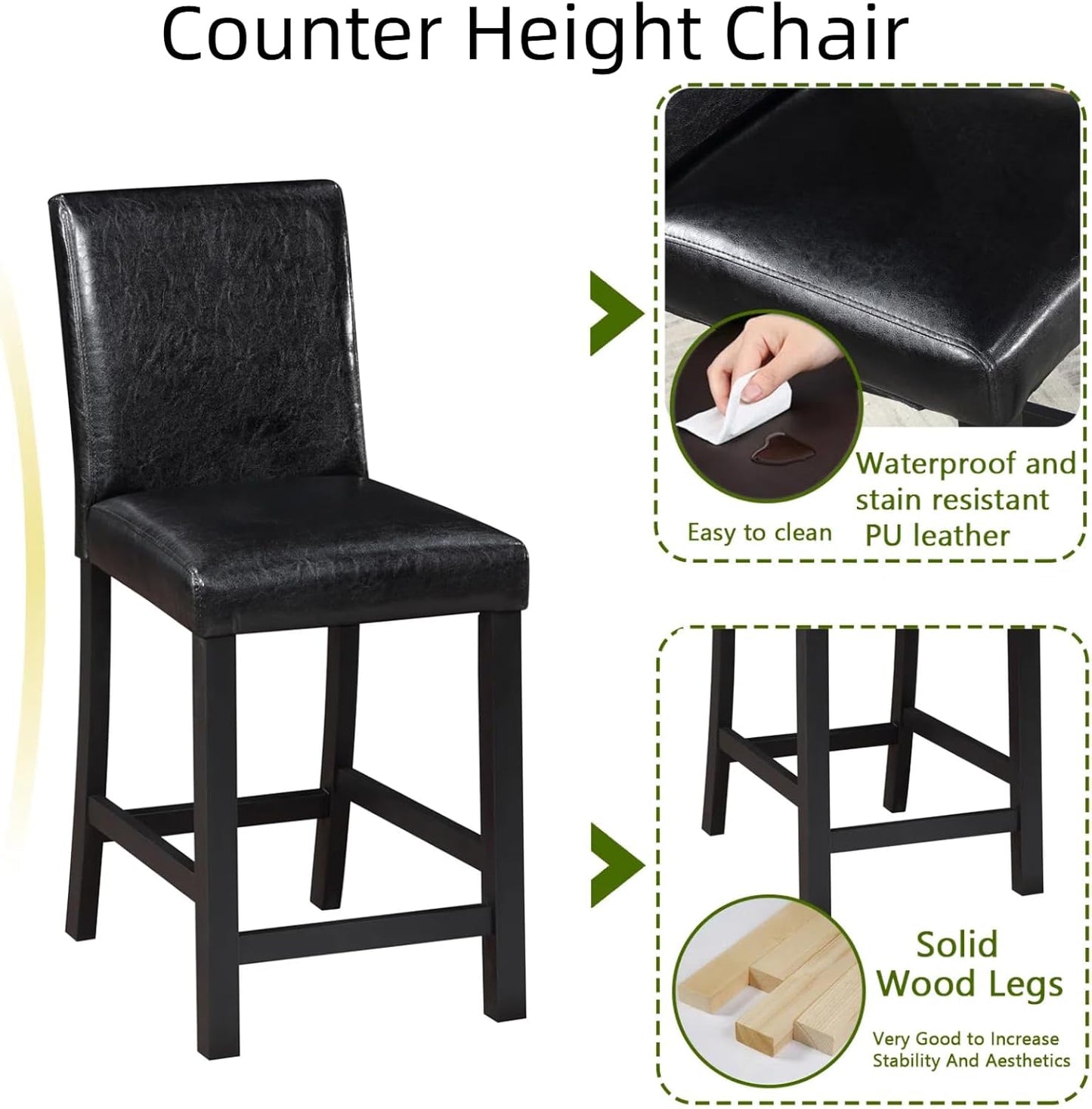 Dining Table Set for 4, 5-Piece Dining Room Table Set with Square Crystal Decoration Table & 4 Upholstered Backrest Chairs, Counter Height Kitchen Sets with Wood Grain & Footrest, Black