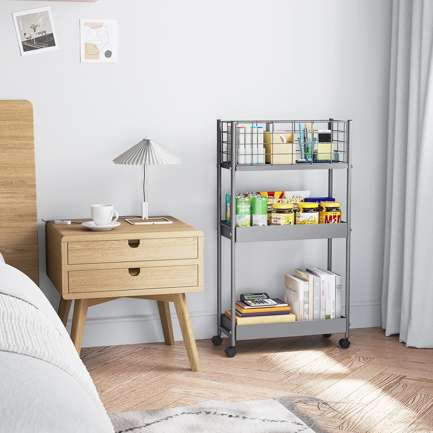 KINGRACK Slim Storage Rolling Cart, 3-Tier Metal Utility Cart with Wheels, Rolling Storage Cart, Skinny Storage Rolling Cart, Storage Trolley Cart for Office Kitchen Bathroom Narrow Place, Grey