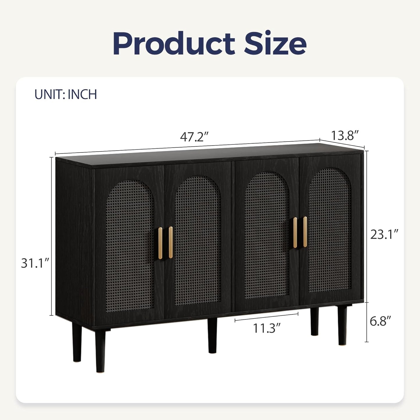 Rattan Cabinet, Mid-Century Modern Buffet Cabinet with 4 Rattan Doors, Black, 47x14x30 inch, Kitchen Sideboard