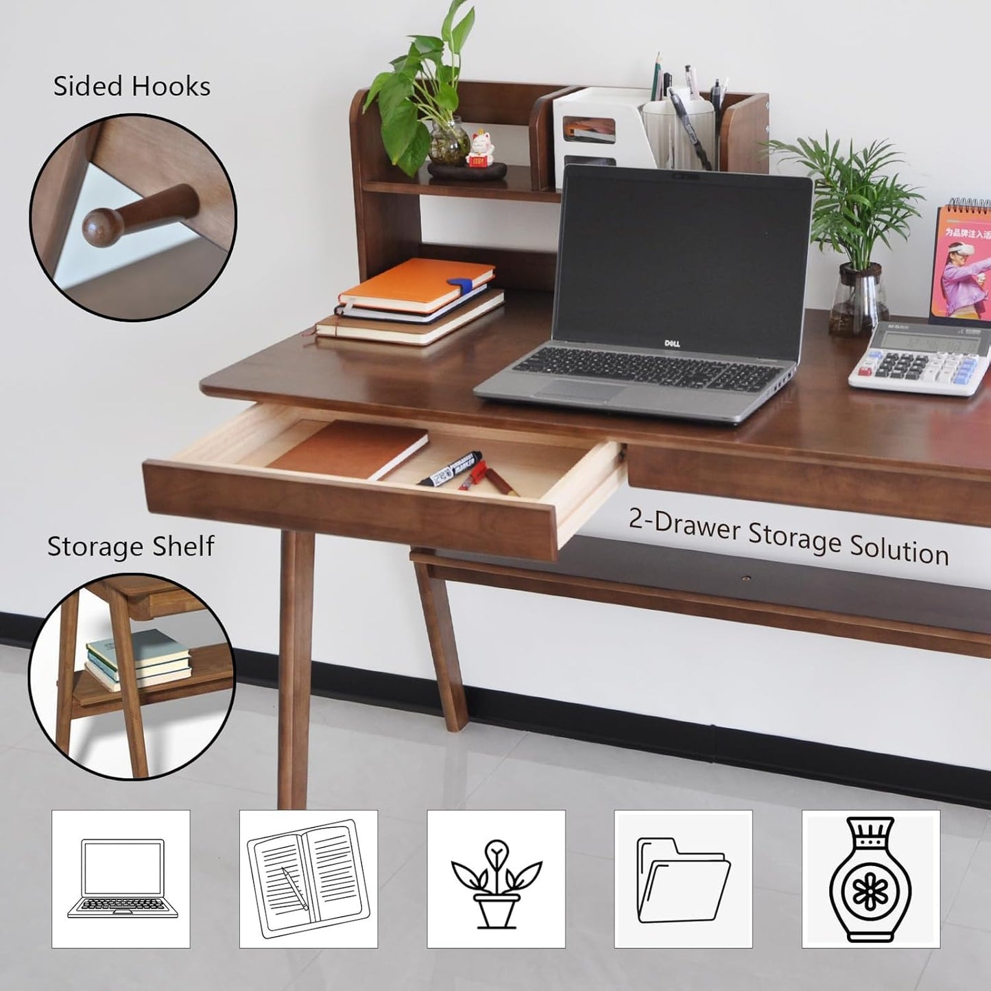 Oak Desk with Drawers, Solid Wood Desk with Bookshelf Small Computer Desk for Small Spaces Mid-Century Modern Wood Writing Desk with 2 Drawers for Home Office 39"