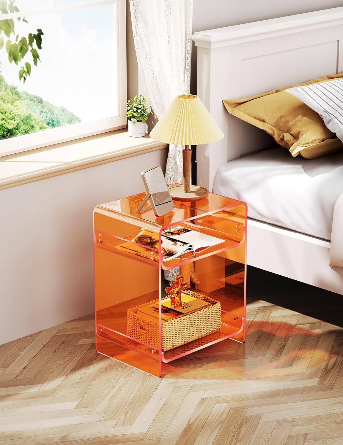 Acrylic Record Player Table with Storage Shelf, Clear Side Table Nightstand (Orange)