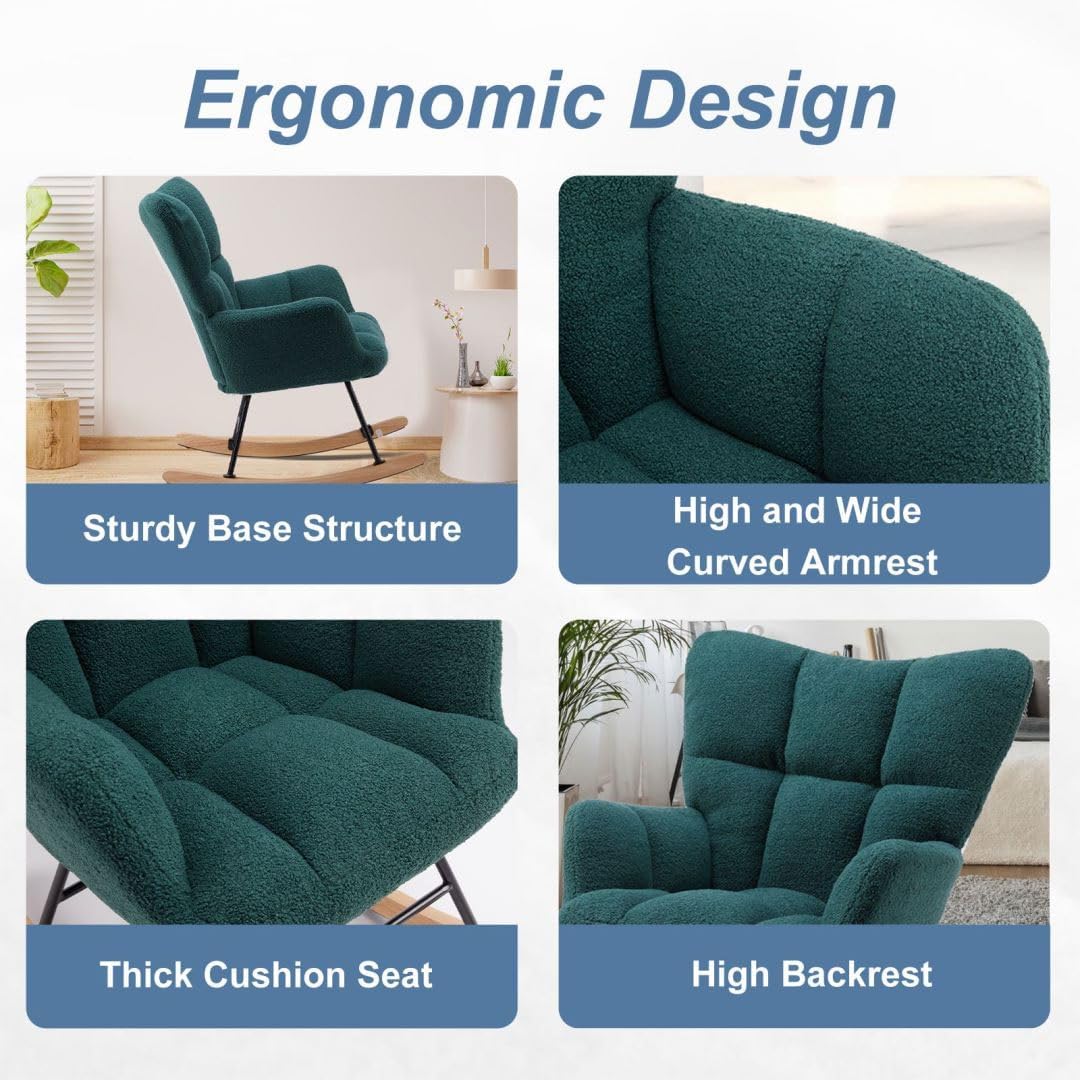 Nursery Rocking Chair, Boho Accent Ottoman, Teddy Upholstered Glider Rocker with High Backrest, Recliner Function and Foot Rest for Living Room, Small Spaces, Bedroom, Green